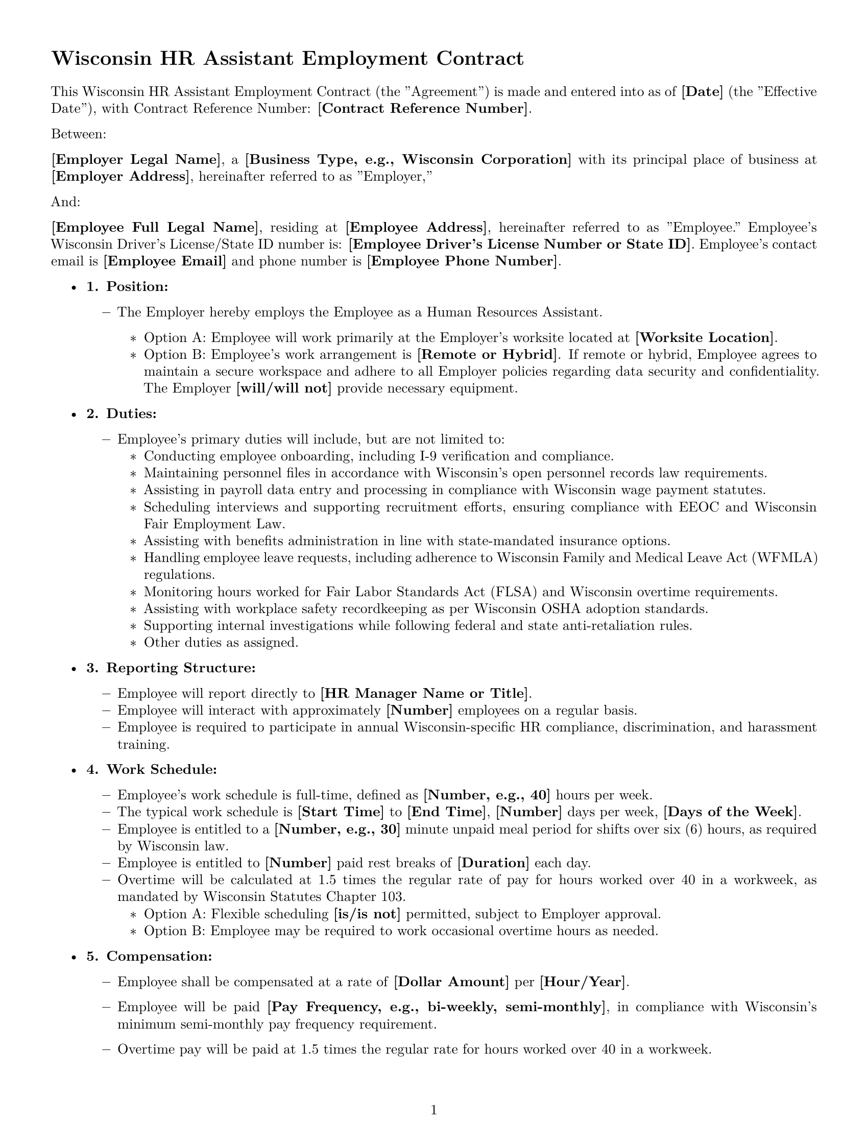 Preview page 1 of Free Wisconsin HR assistant employment contract template