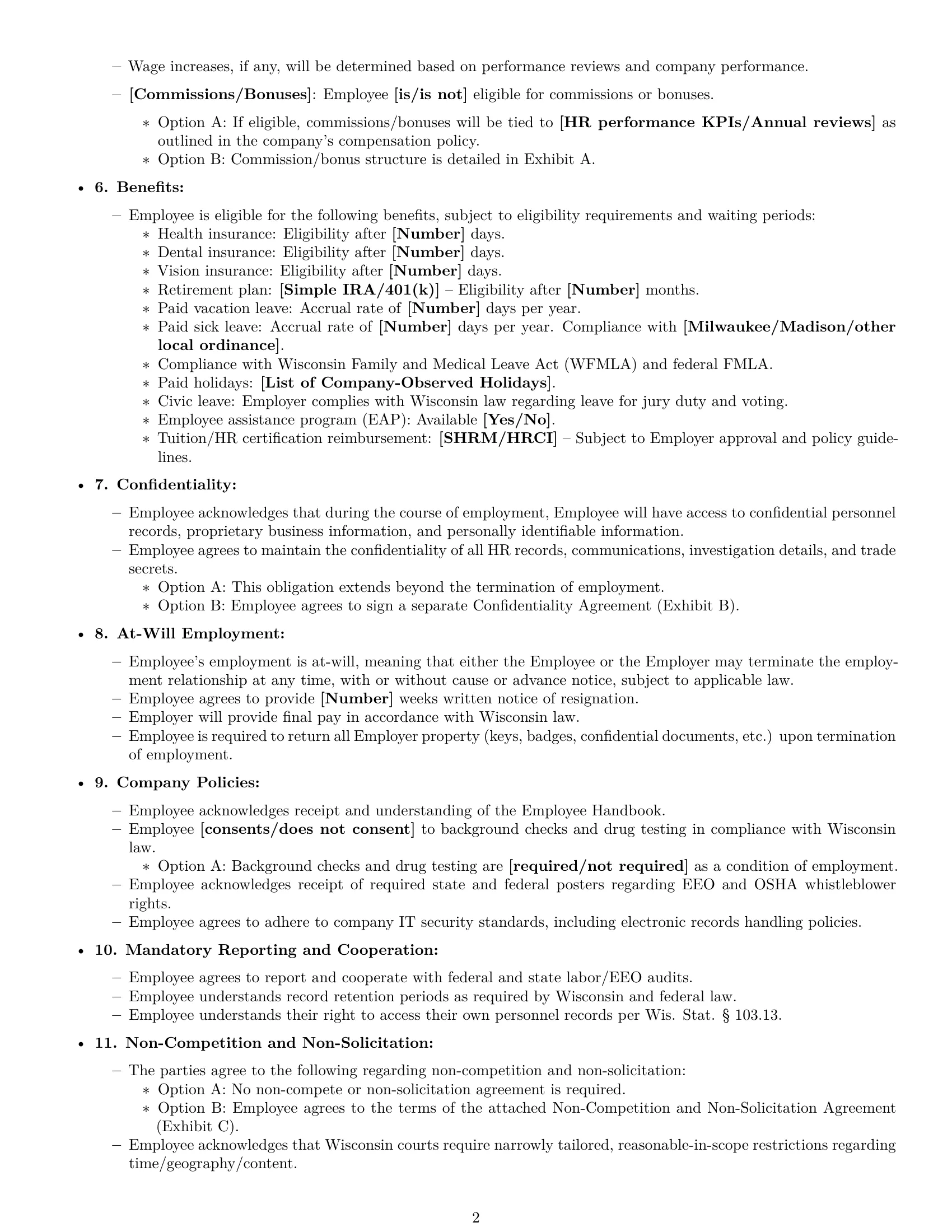 Preview page 2 of Free Wisconsin HR assistant employment contract template