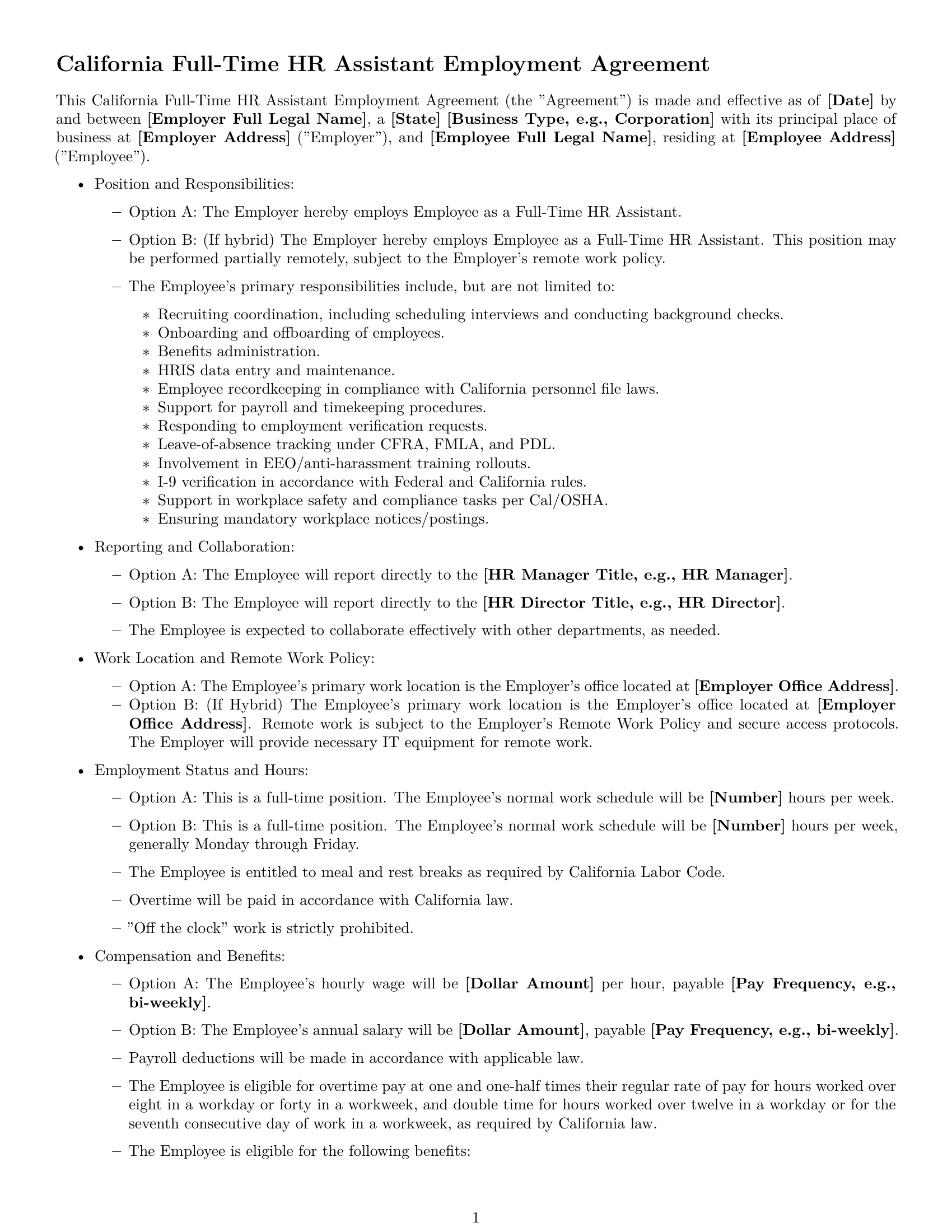 Preview page 1 of Free California HR assistant employment contract template