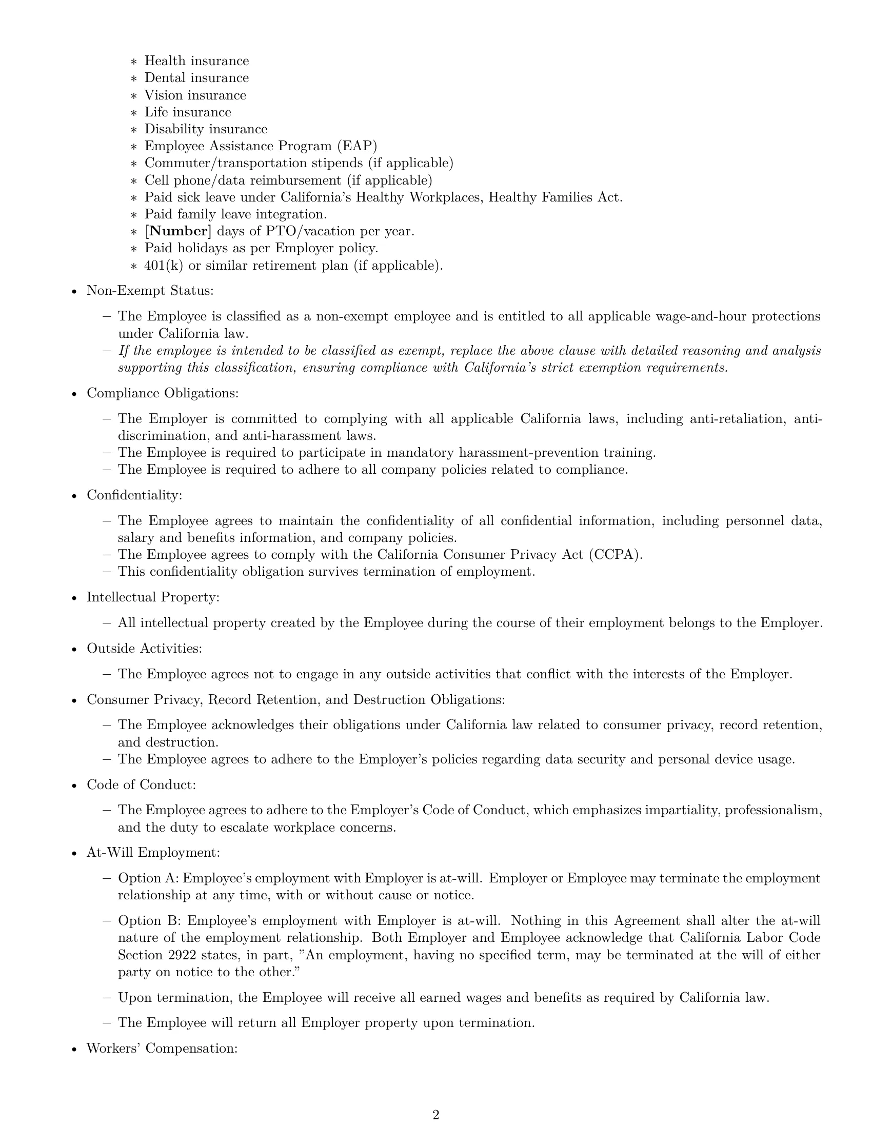 Preview page 2 of Free California HR assistant employment contract template