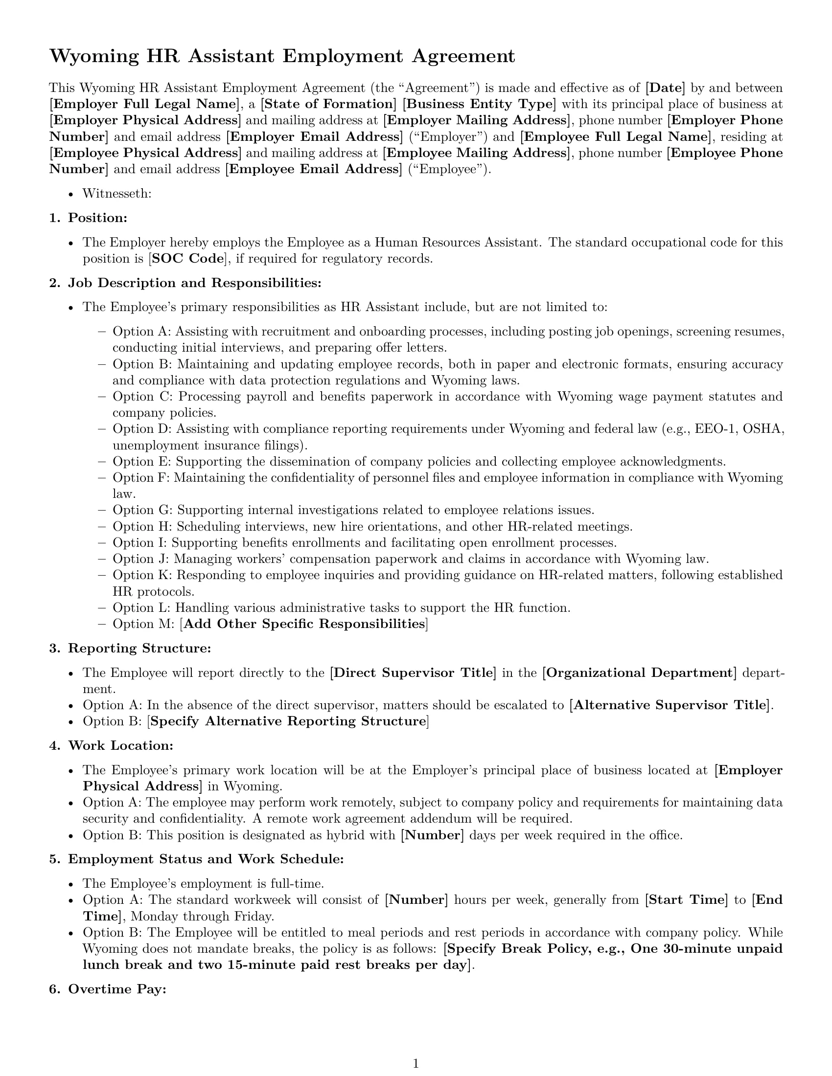 Preview page 1 of Free Wyoming HR assistant employment contract template