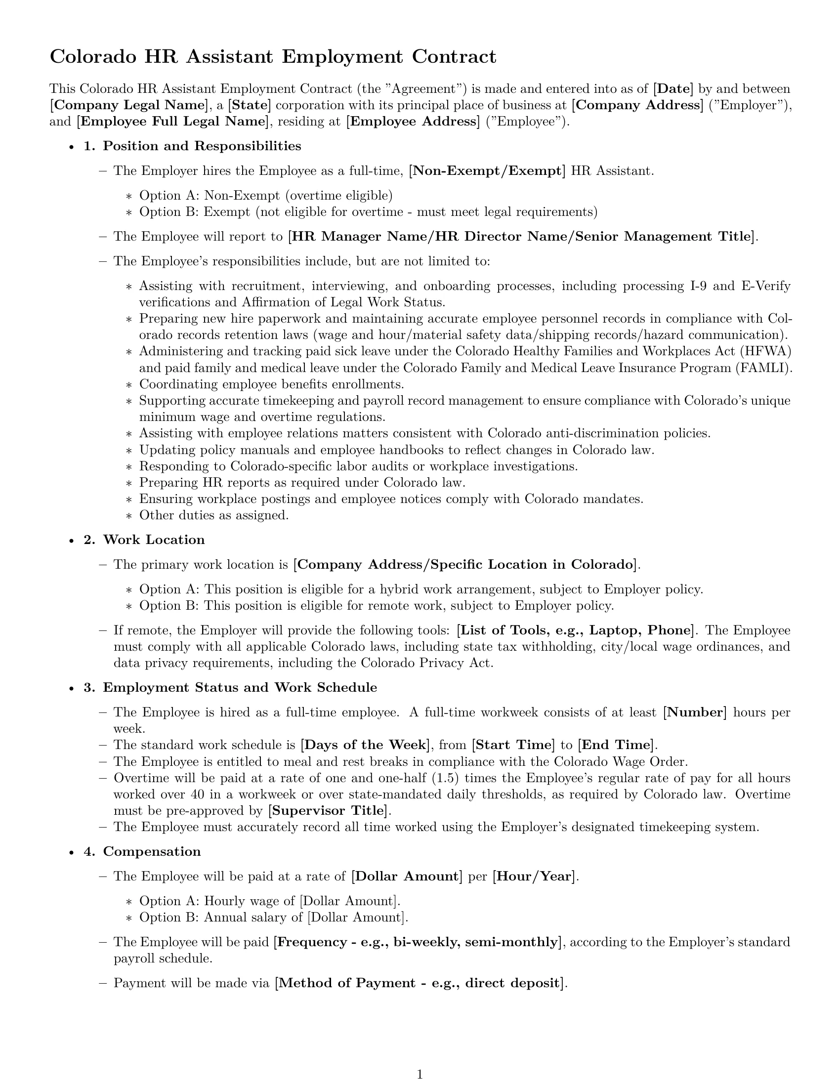 Preview page 1 of Free Colorado HR assistant employment contract template