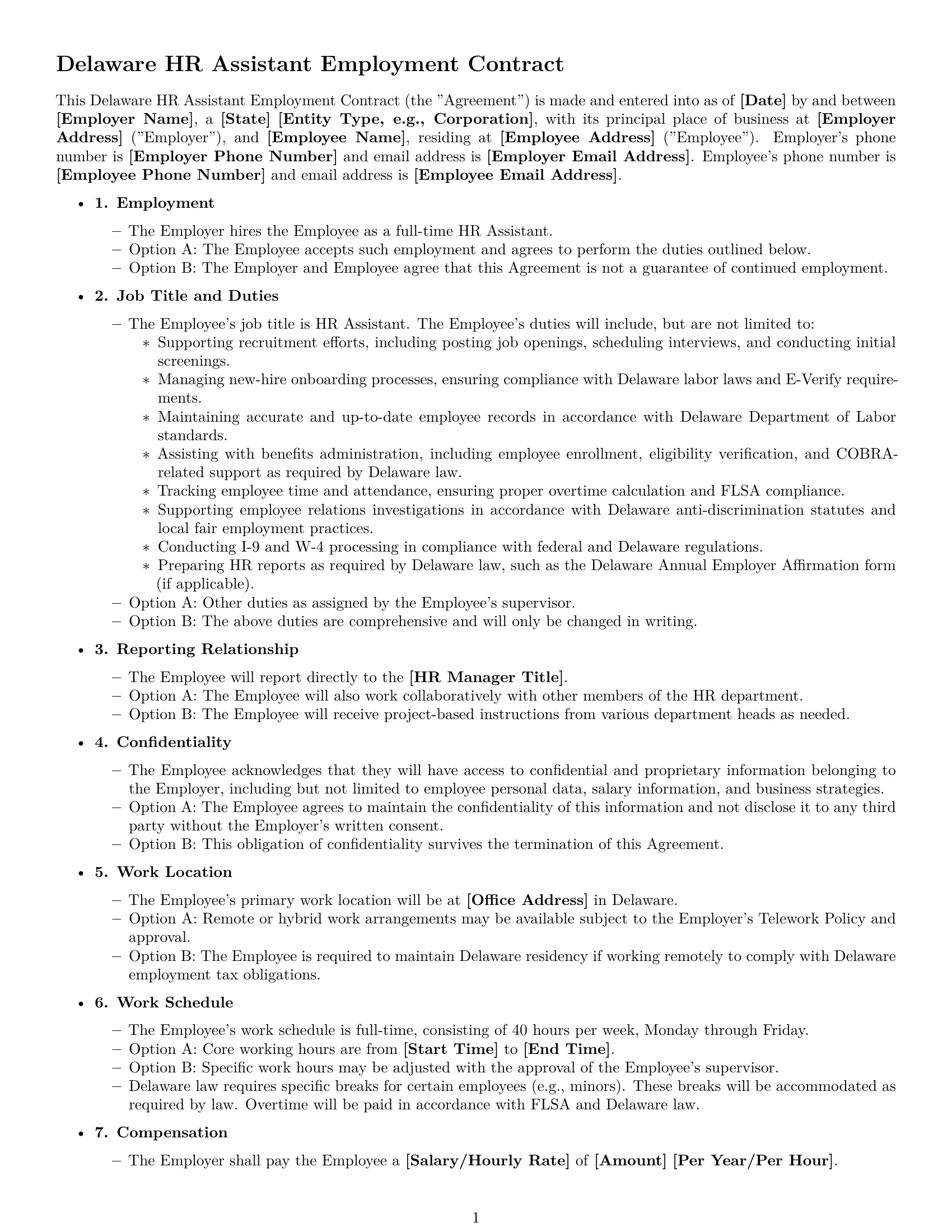 Preview page 1 of Free Delaware HR assistant employment contract template