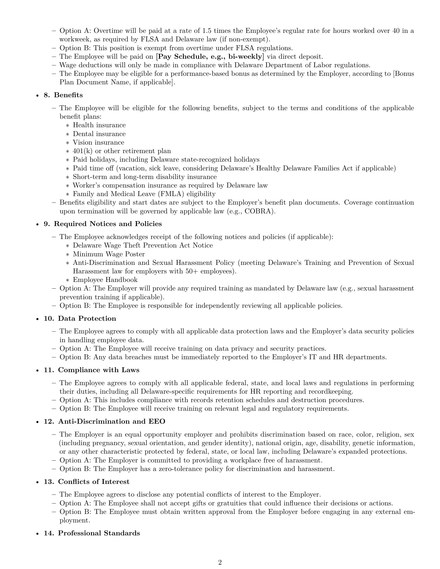 Preview page 2 of Free Delaware HR assistant employment contract template