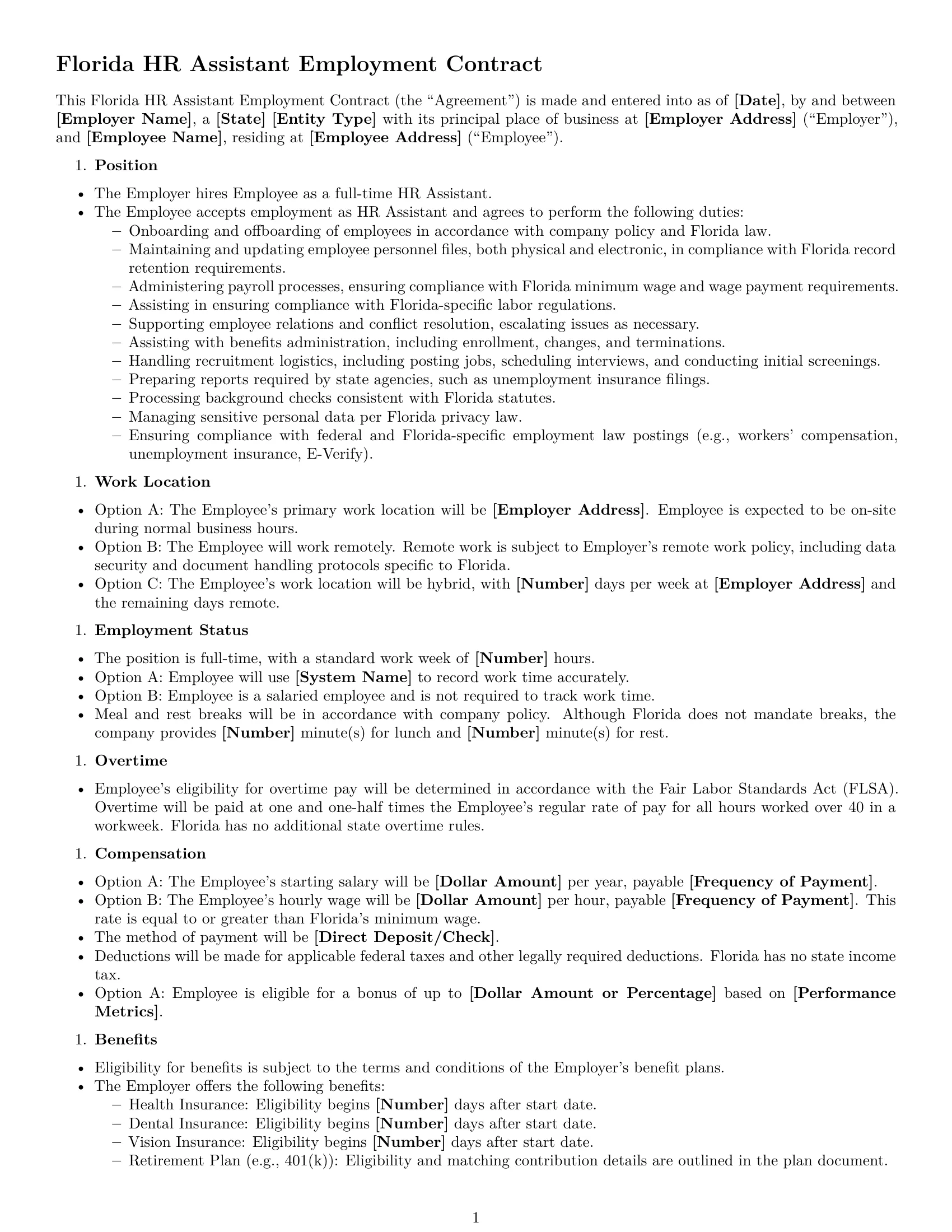 Preview page 1 of Free Florida HR assistant employment contract template