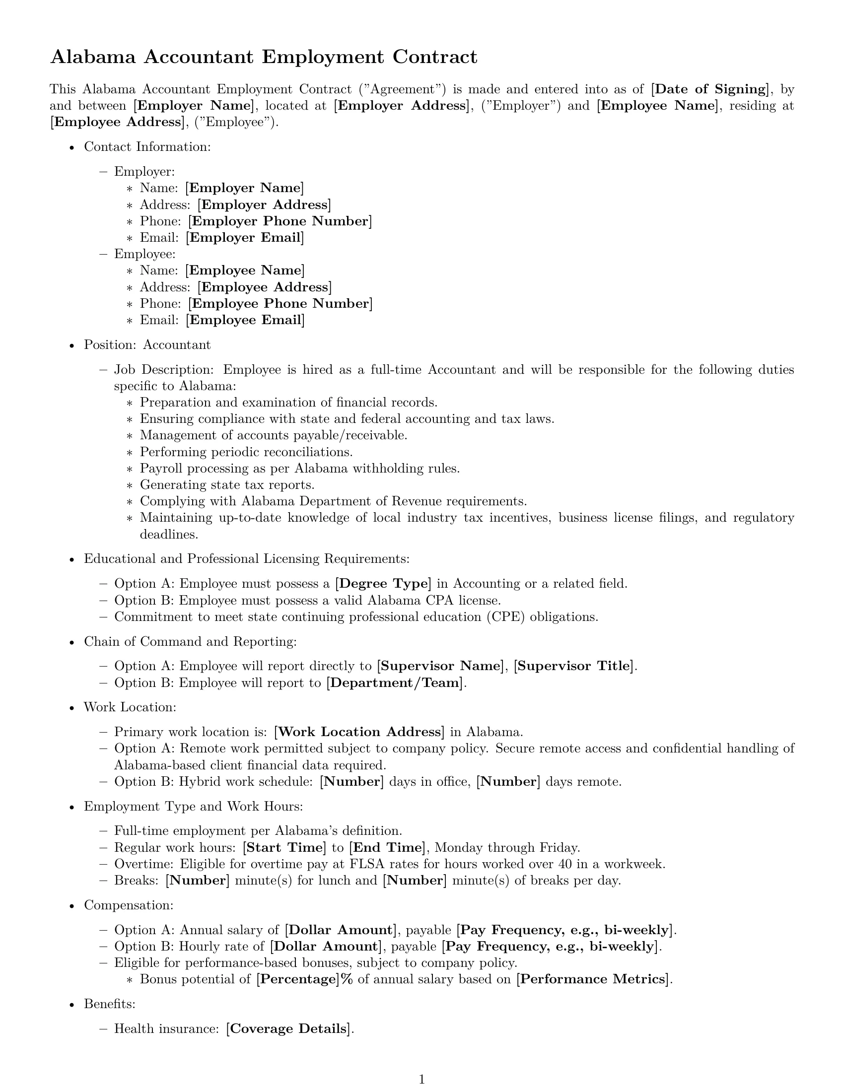 Preview page 1 of Free Alabama accountant employment contract template