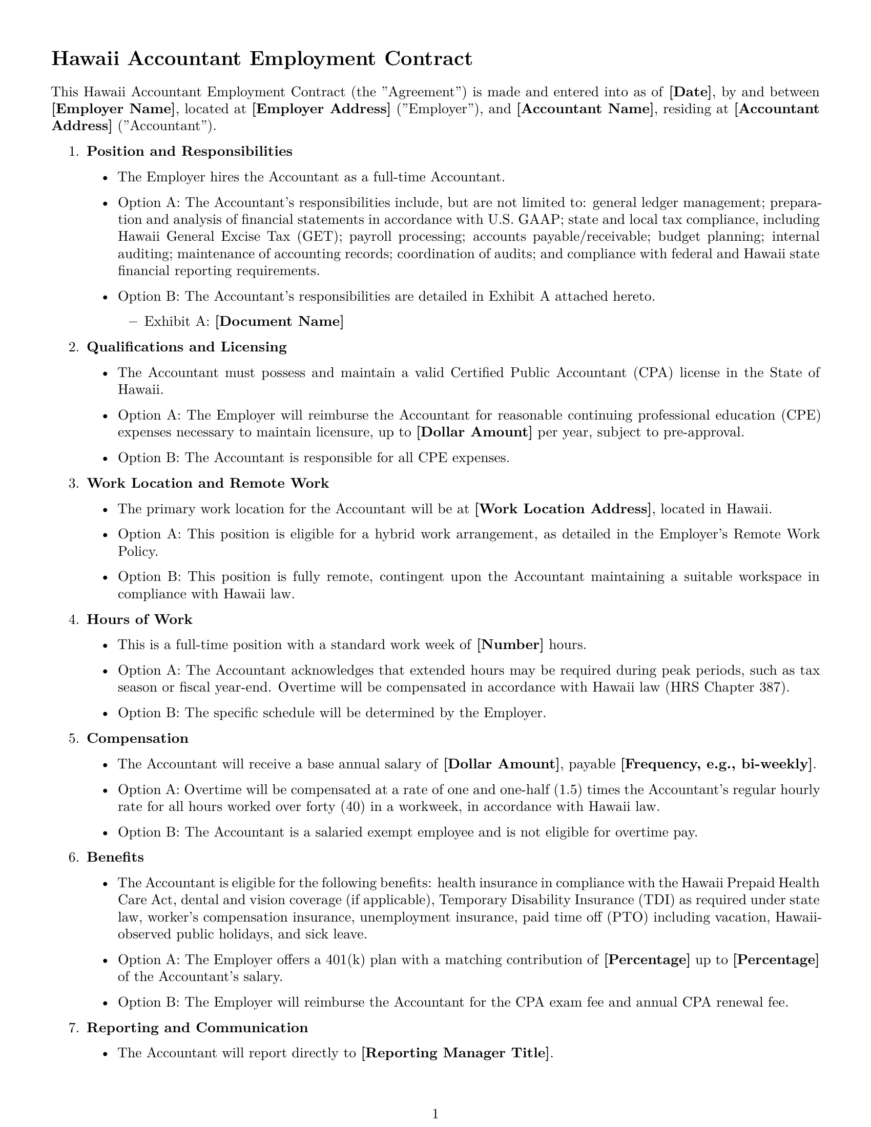 Preview page 1 of Free Hawaii accountant employment contract template