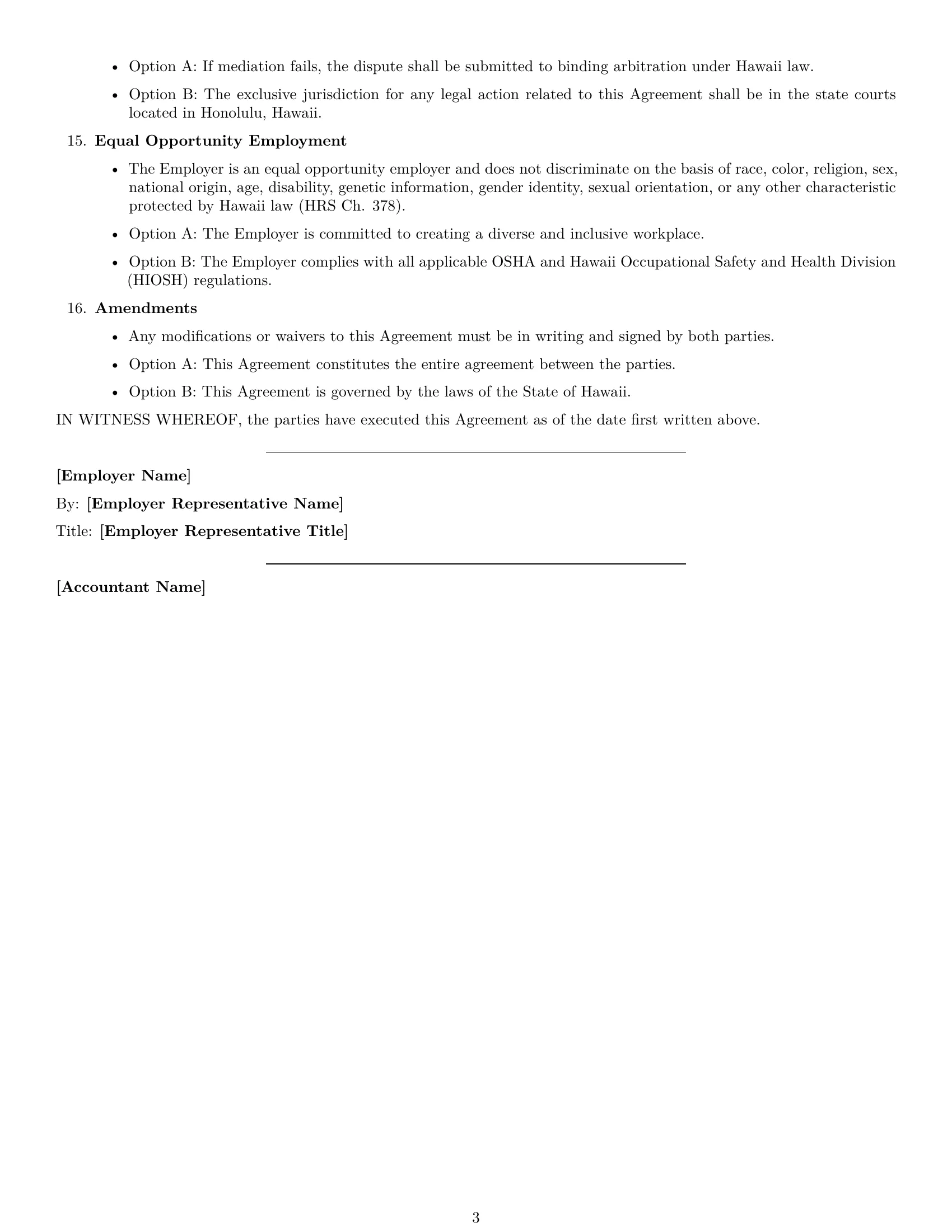 Preview page 3 of Free Hawaii accountant employment contract template