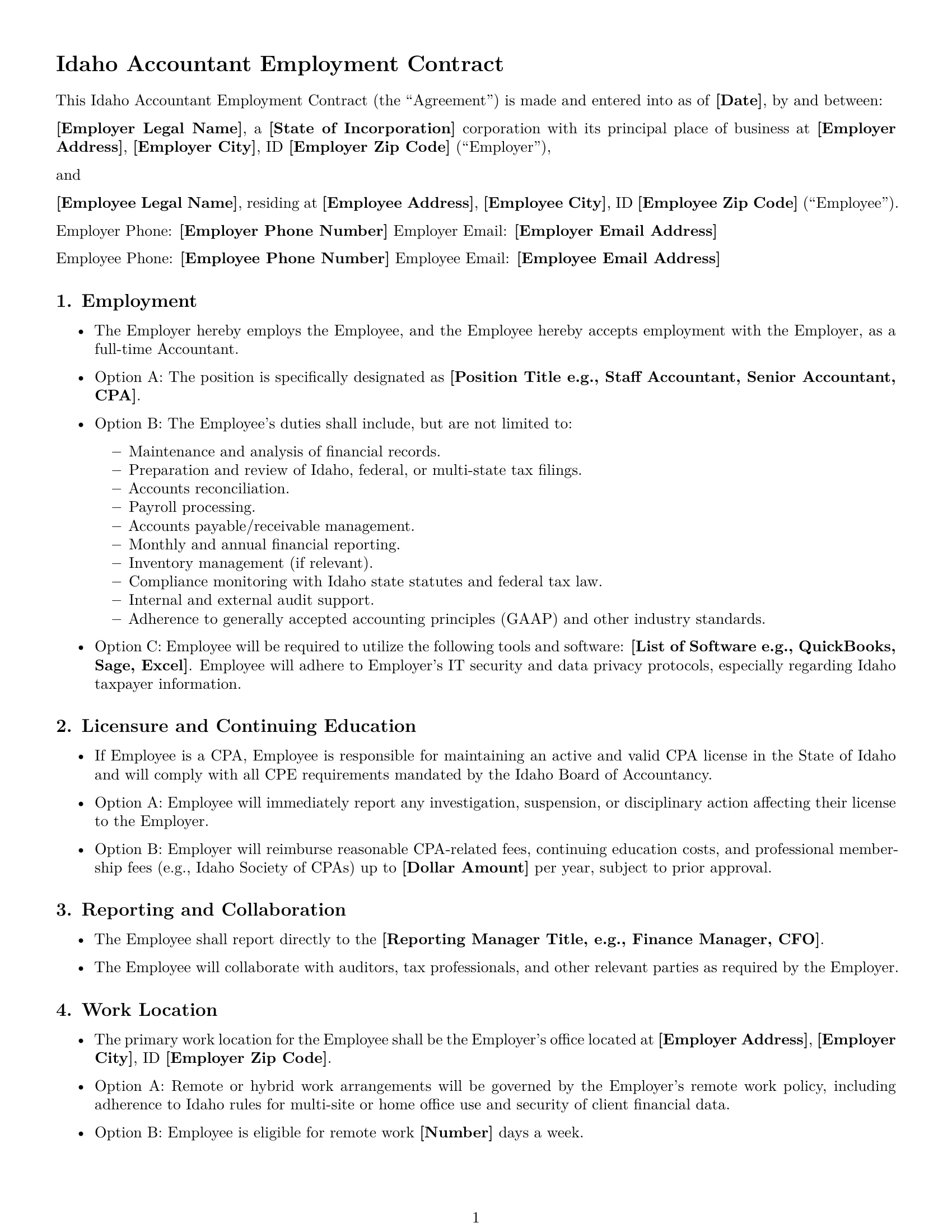 Preview page 1 of Free Idaho accountant employment contract template