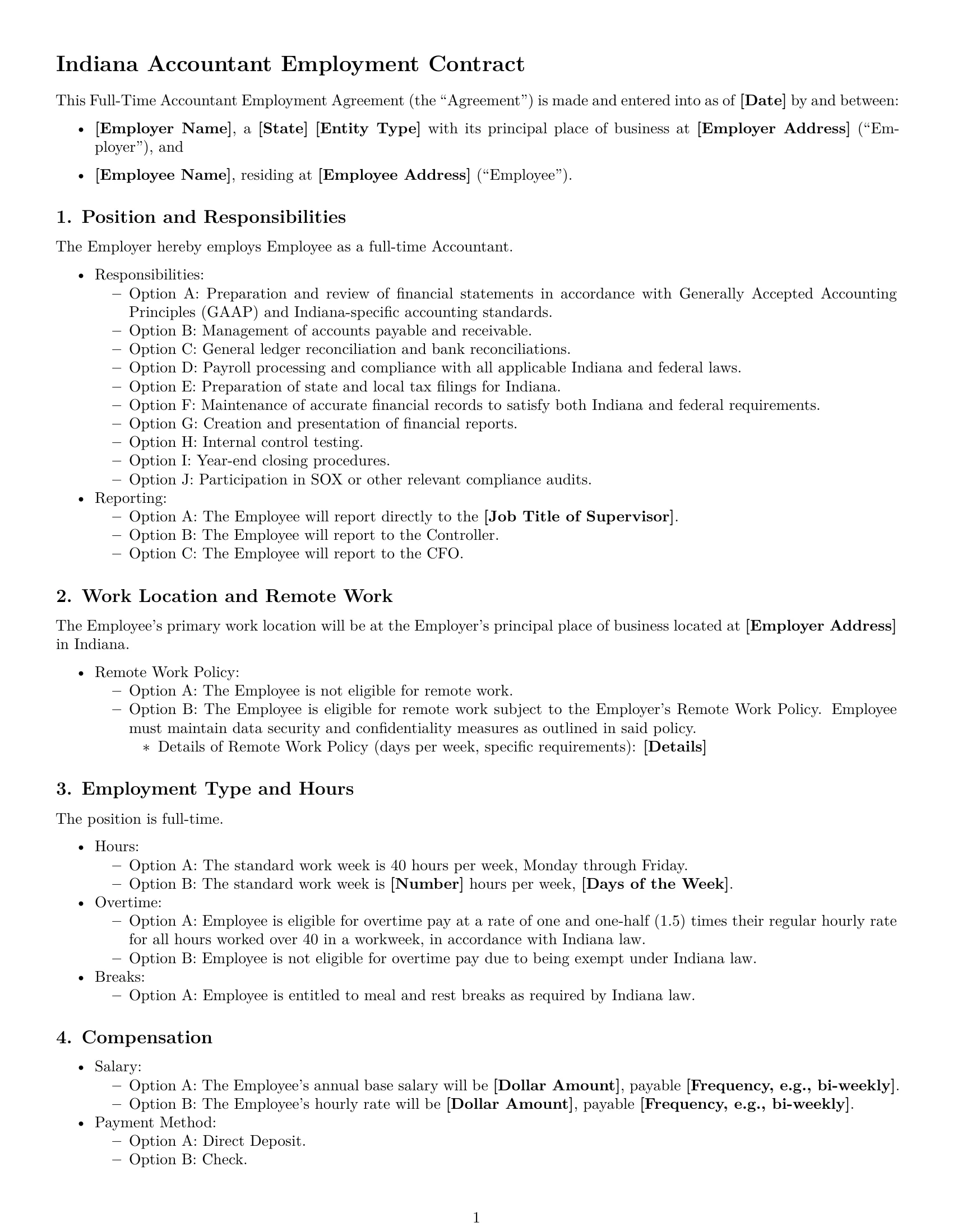 Preview page 1 of Free Indiana accountant employment contract template