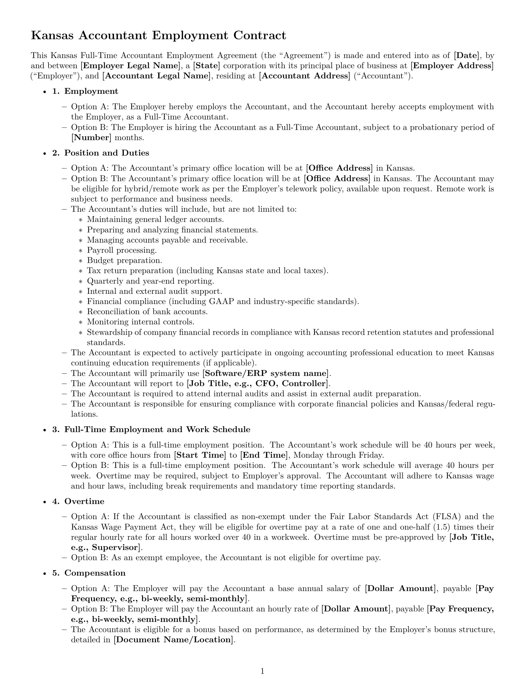Preview page 1 of Free Kansas accountant employment contract template