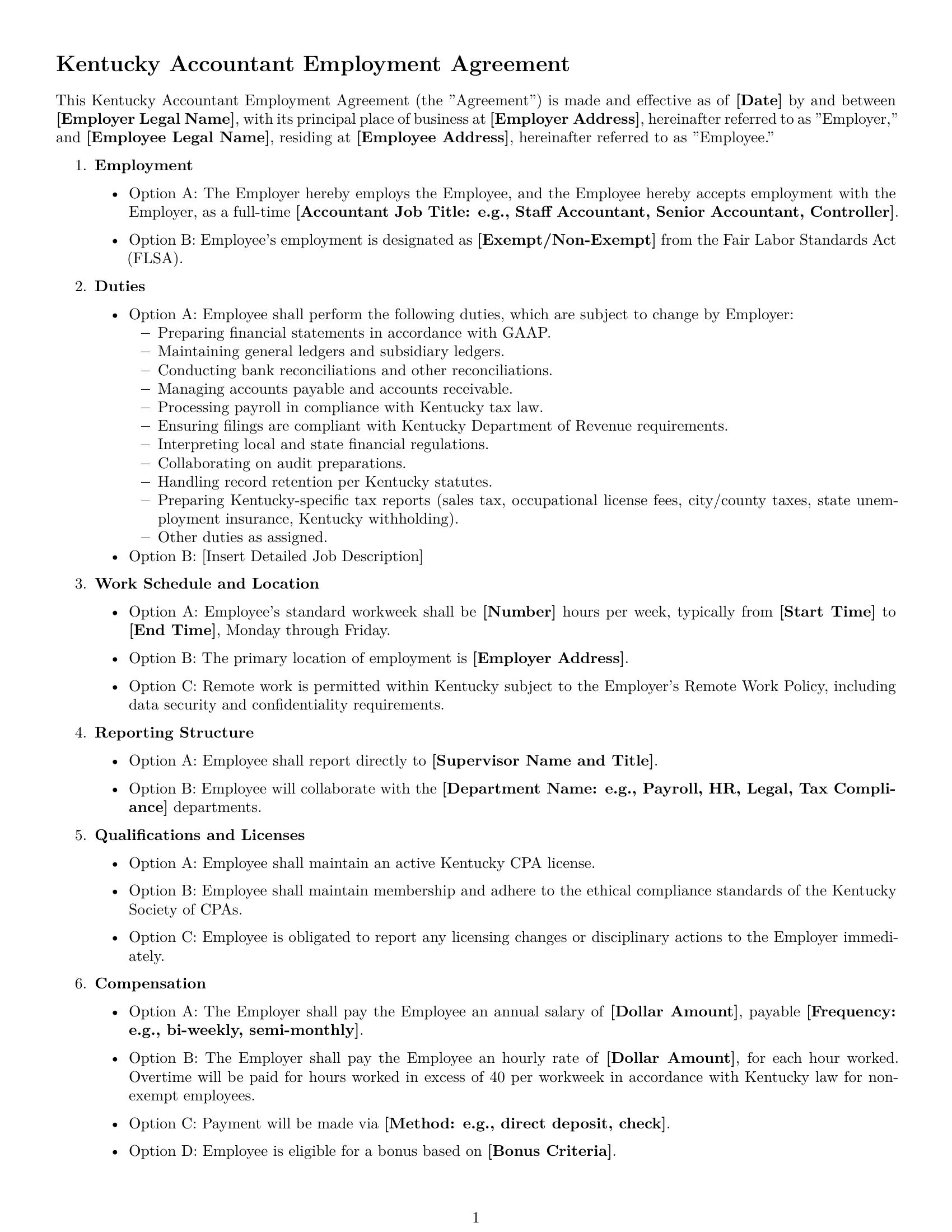 Preview page 1 of Free Kentucky accountant employment contract template