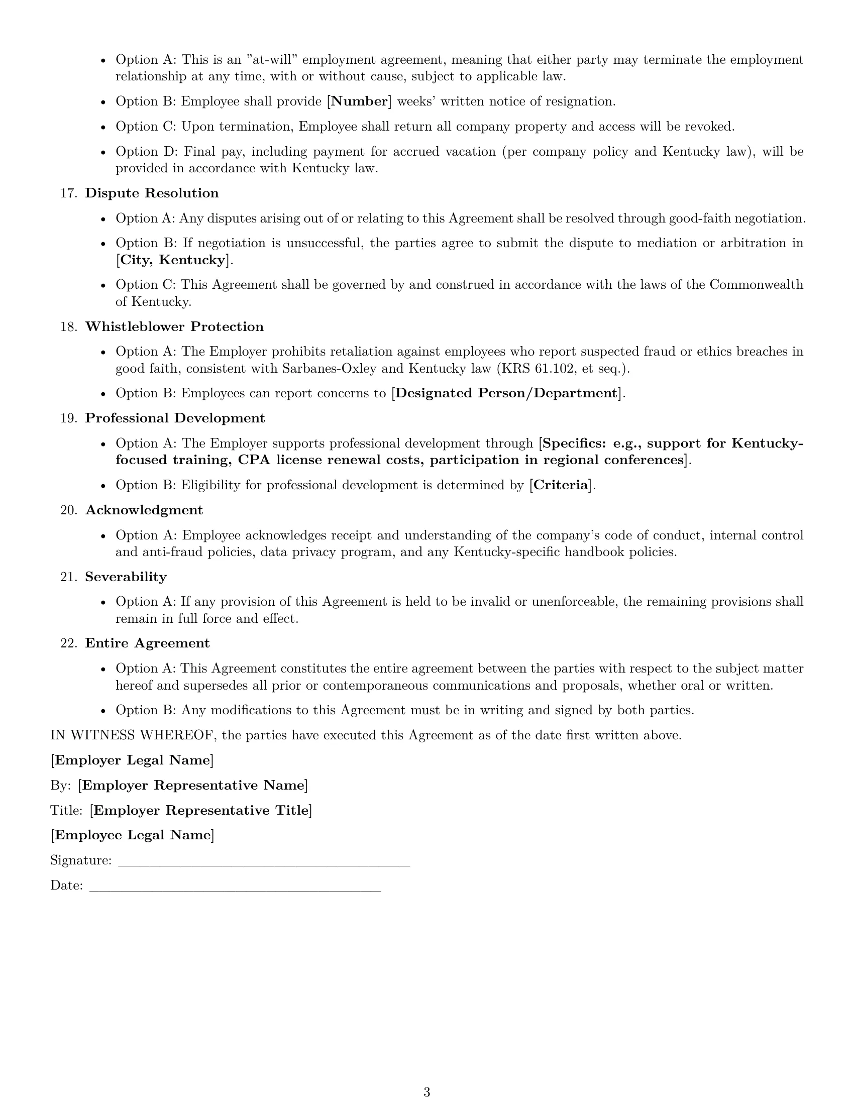 Preview page 3 of Free Kentucky accountant employment contract template