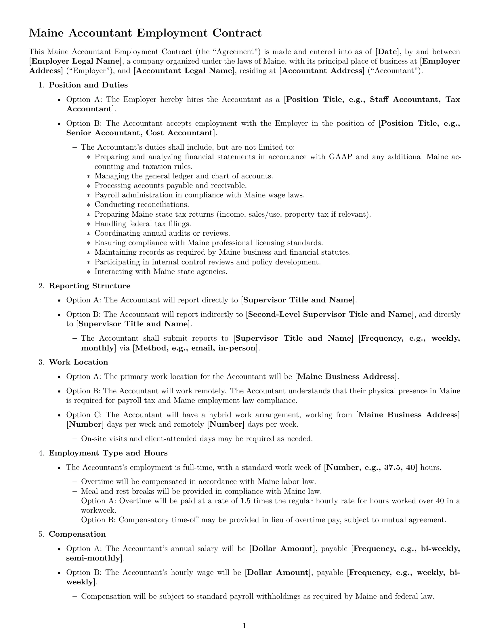 Preview page 1 of Free Maine accountant employment contract template