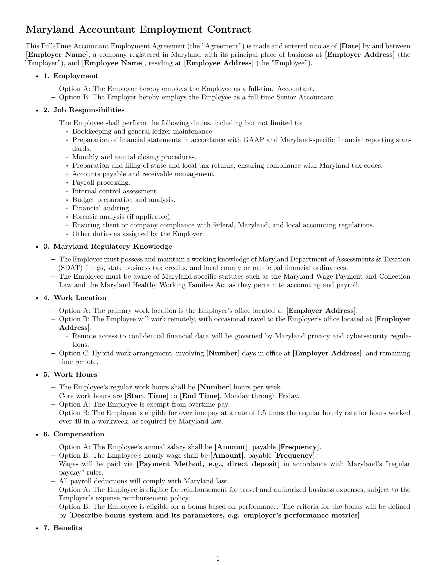Preview page 1 of Free Maryland accountant employment contract template