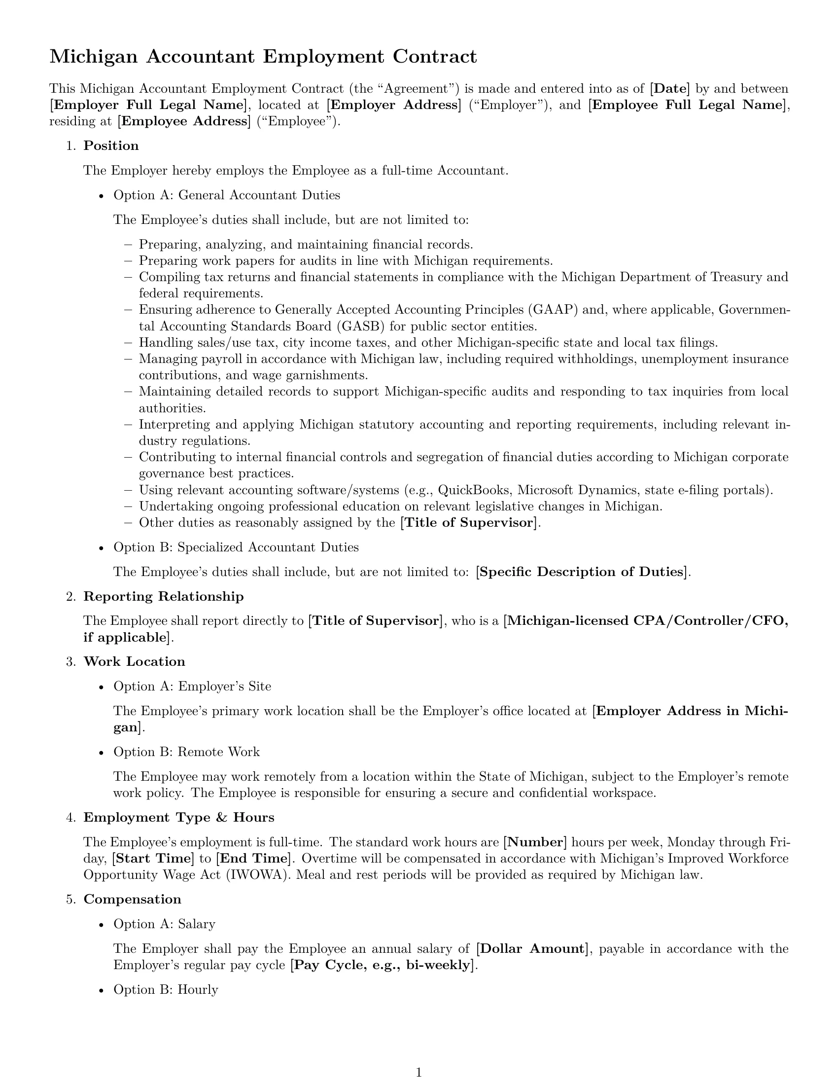 Preview page 1 of Free Michigan accountant employment contract template
