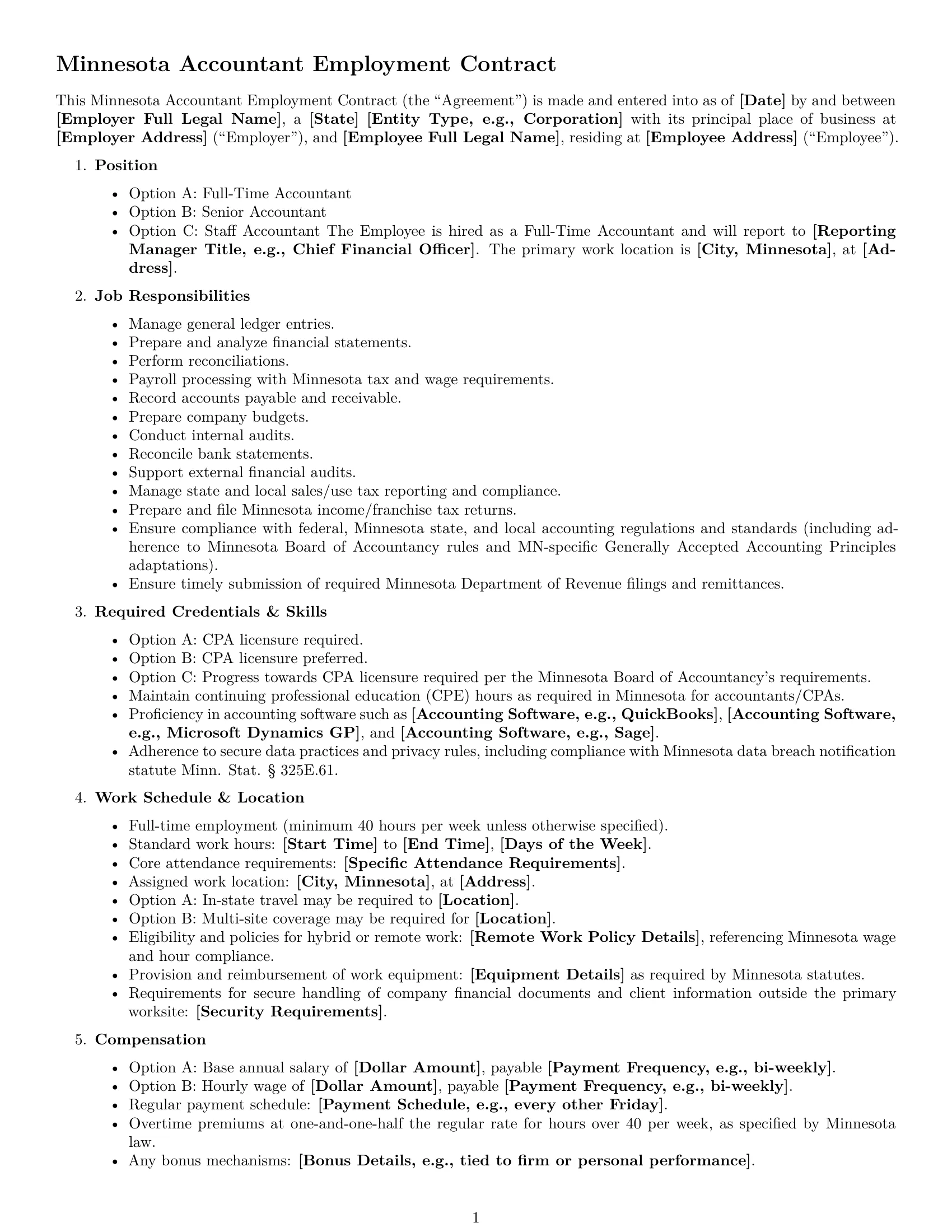 Preview page 1 of Free Minnesota accountant employment contract template