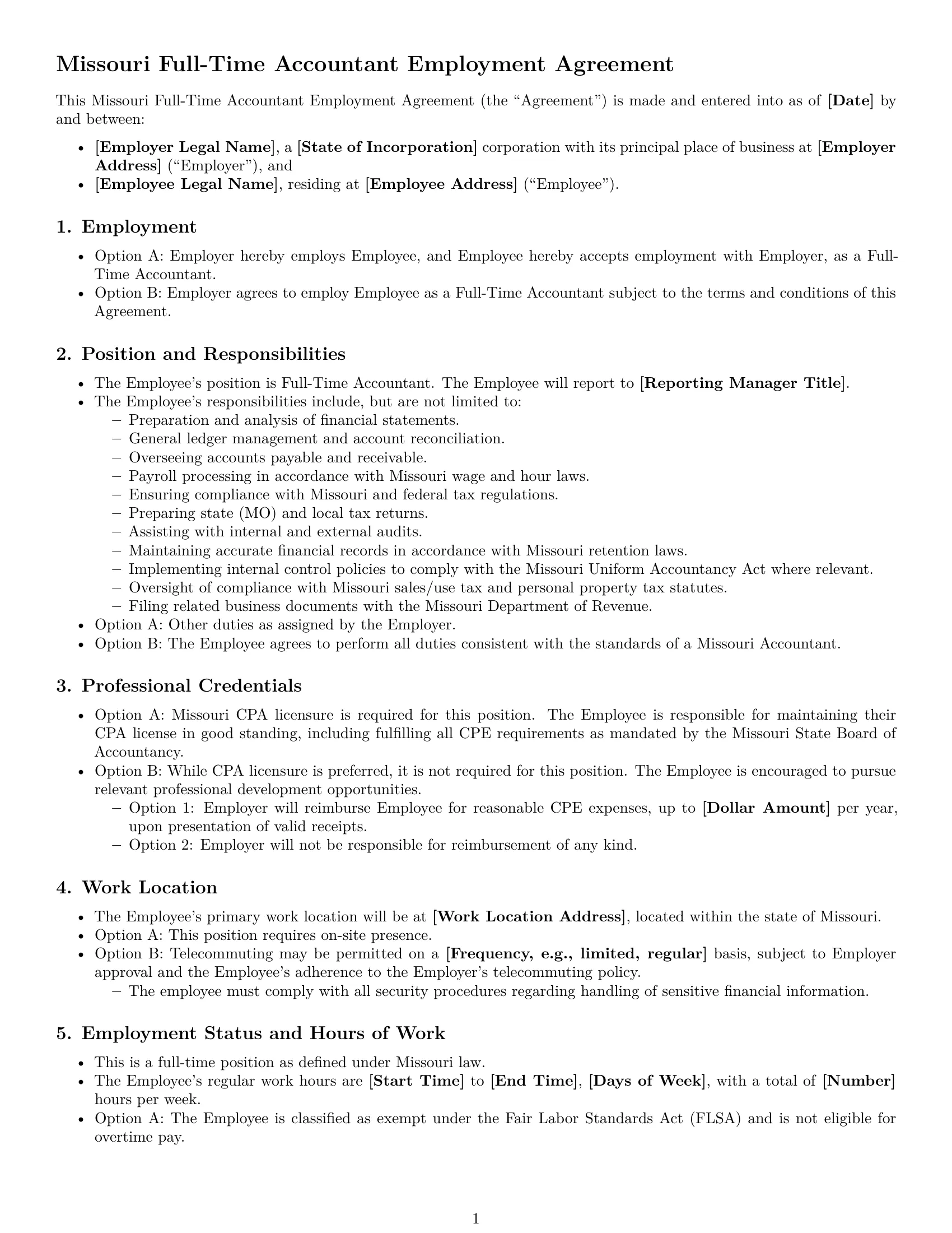 Preview page 1 of Free Missouri accountant employment contract template