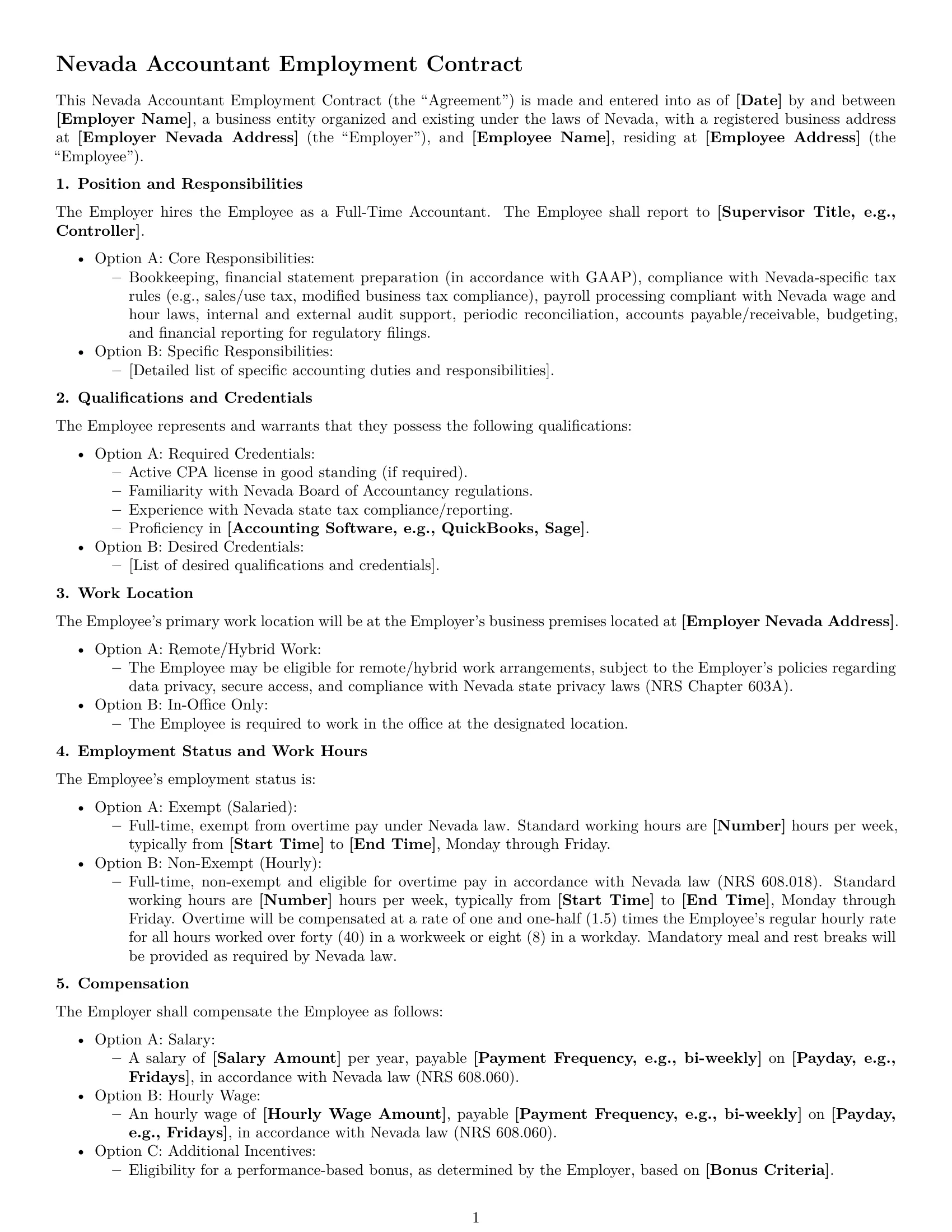 Preview page 1 of Free Nevada accountant employment contract template