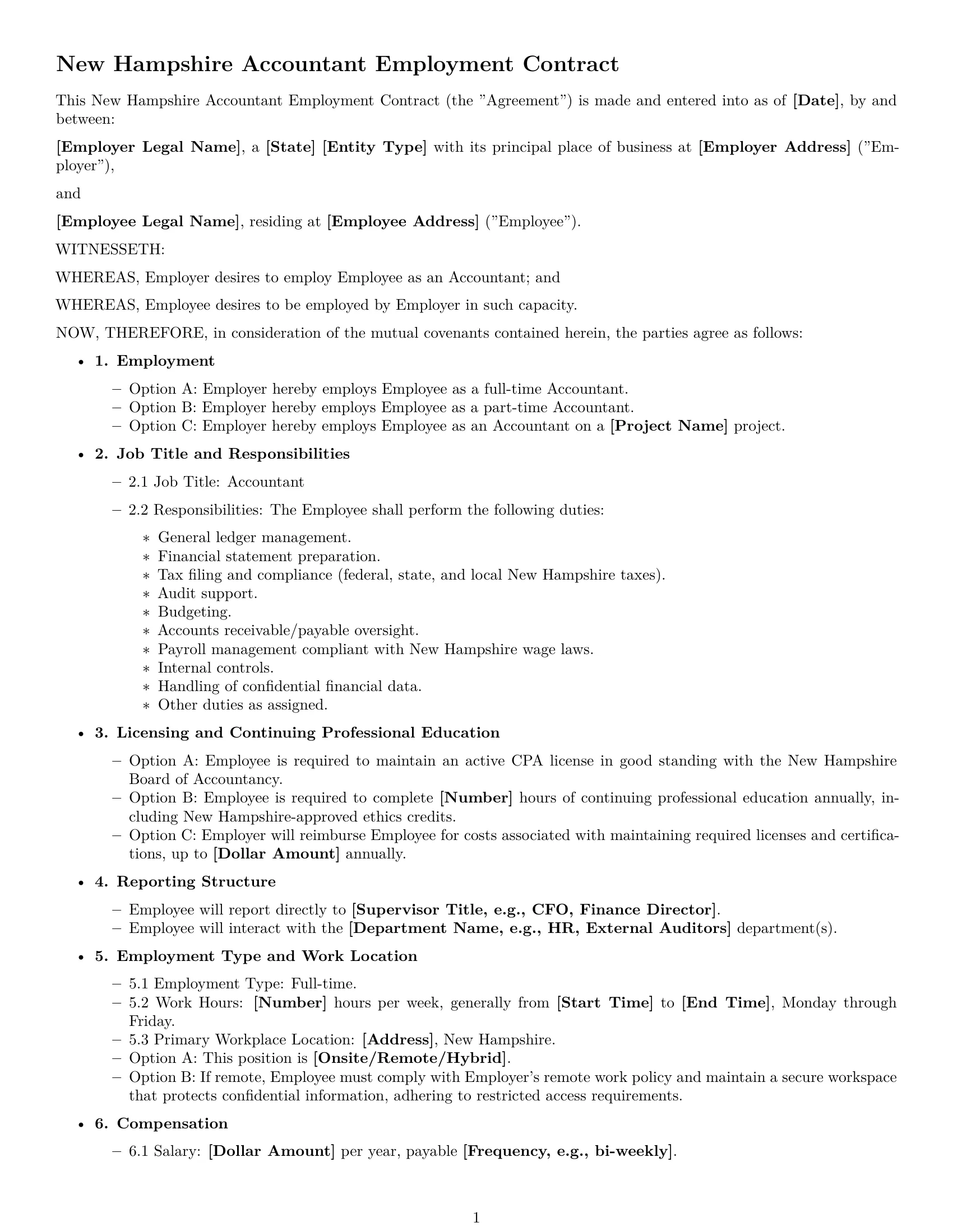 Preview page 1 of Free New Hampshire accountant employment contract template