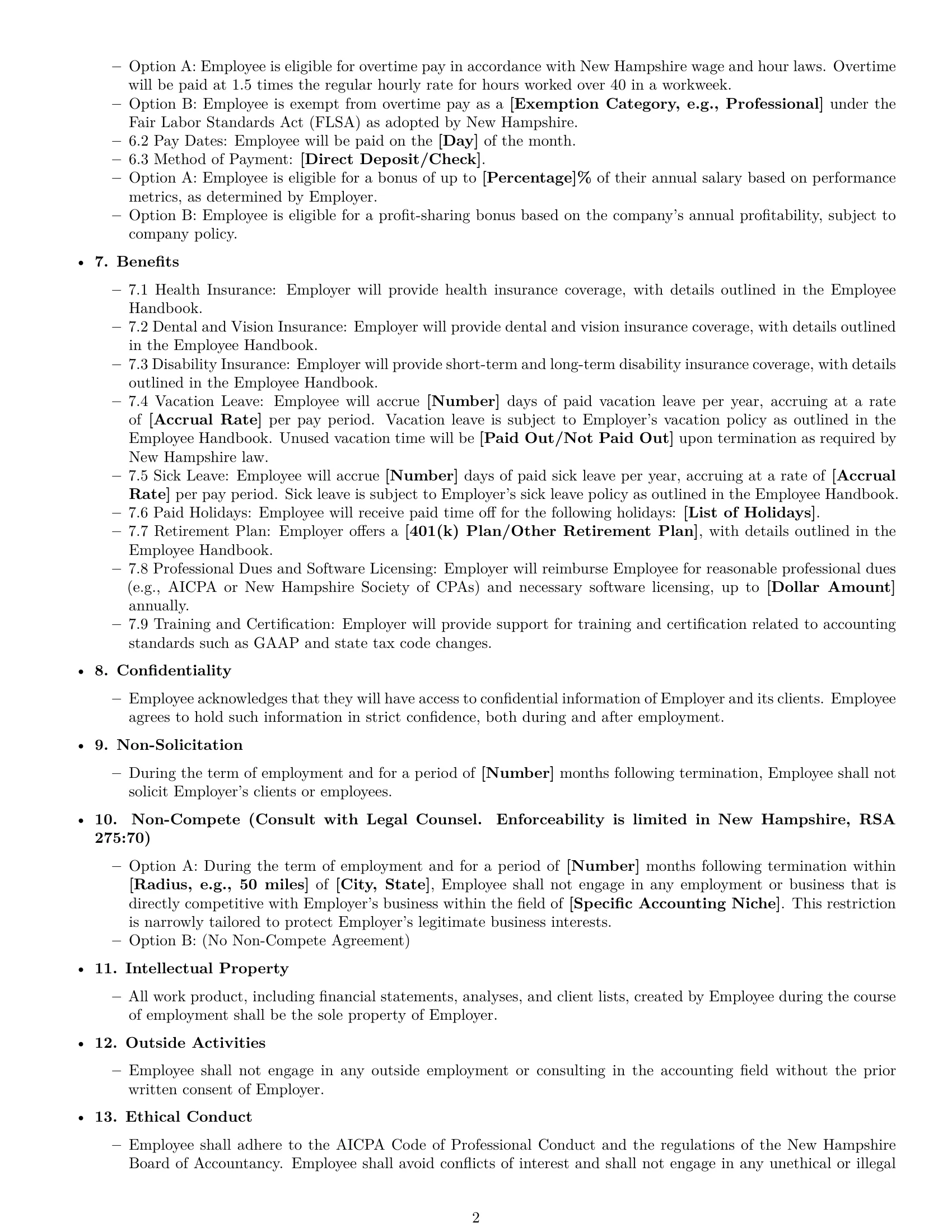 Preview page 2 of Free New Hampshire accountant employment contract template