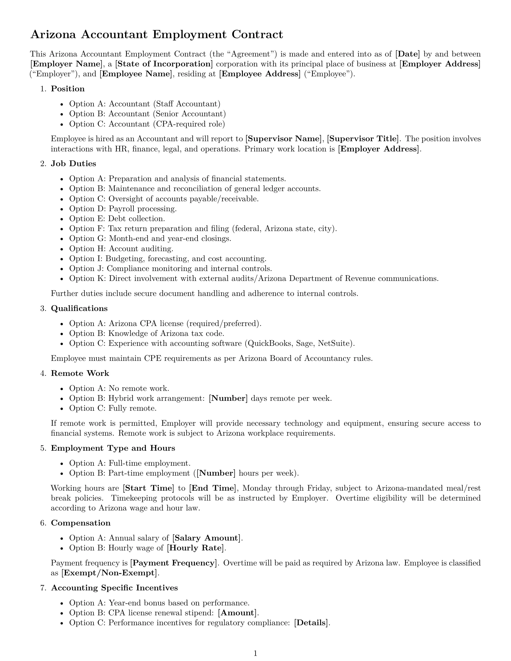 Preview page 1 of Free Arizona accountant employment contract template