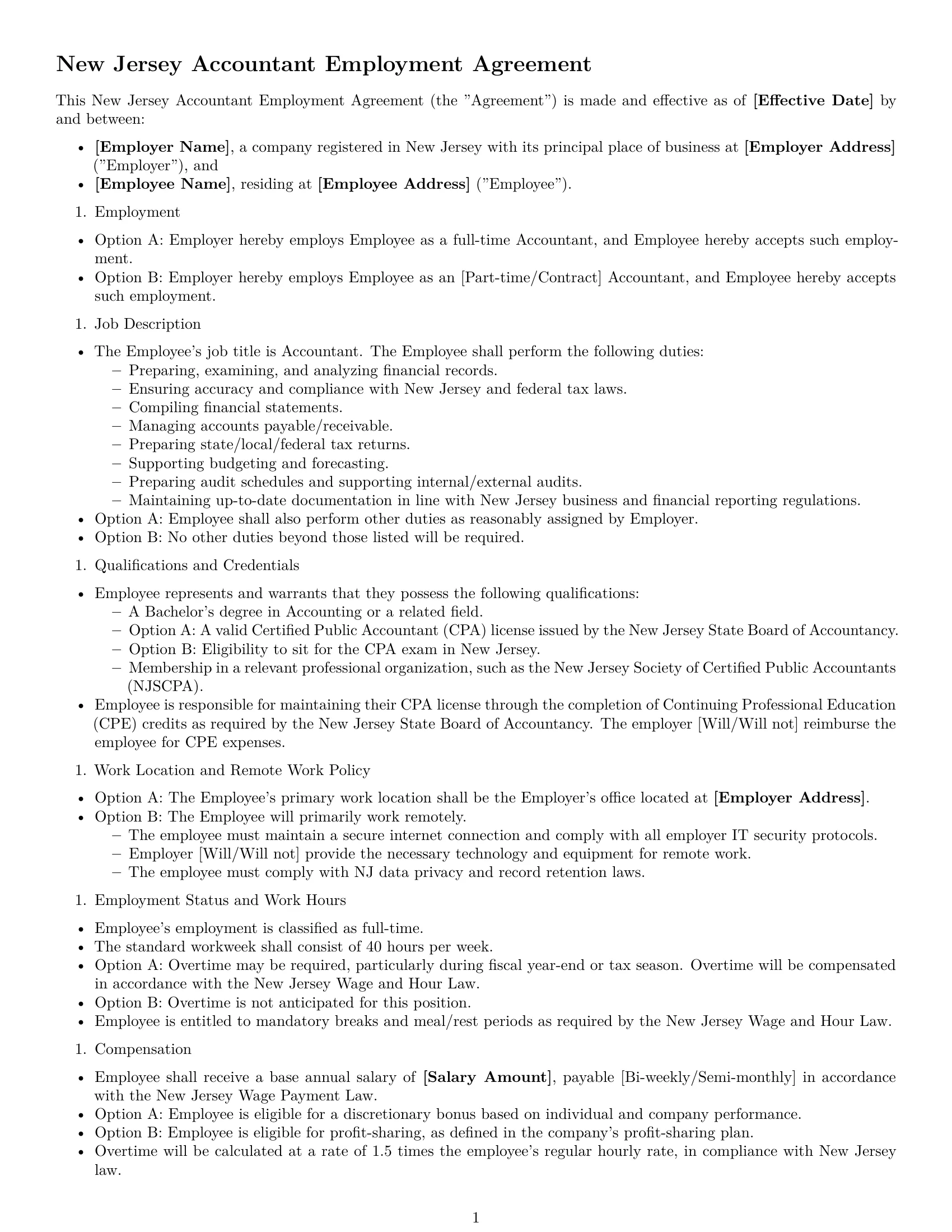 Preview page 1 of Free New Jersey accountant employment contract template