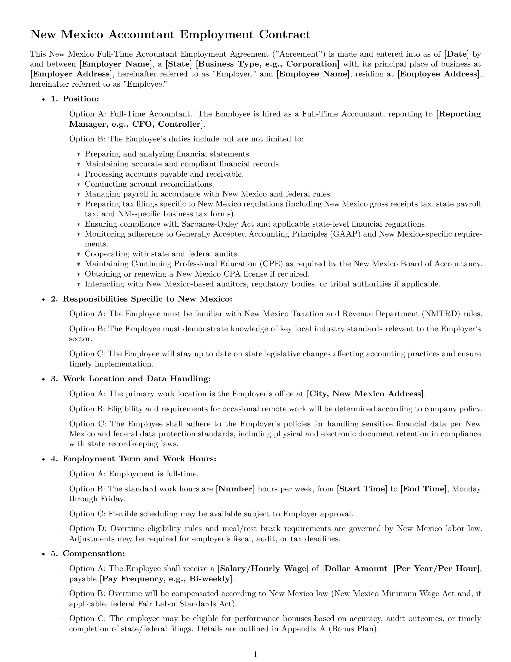 Preview page 1 of Free New Mexico accountant employment contract template