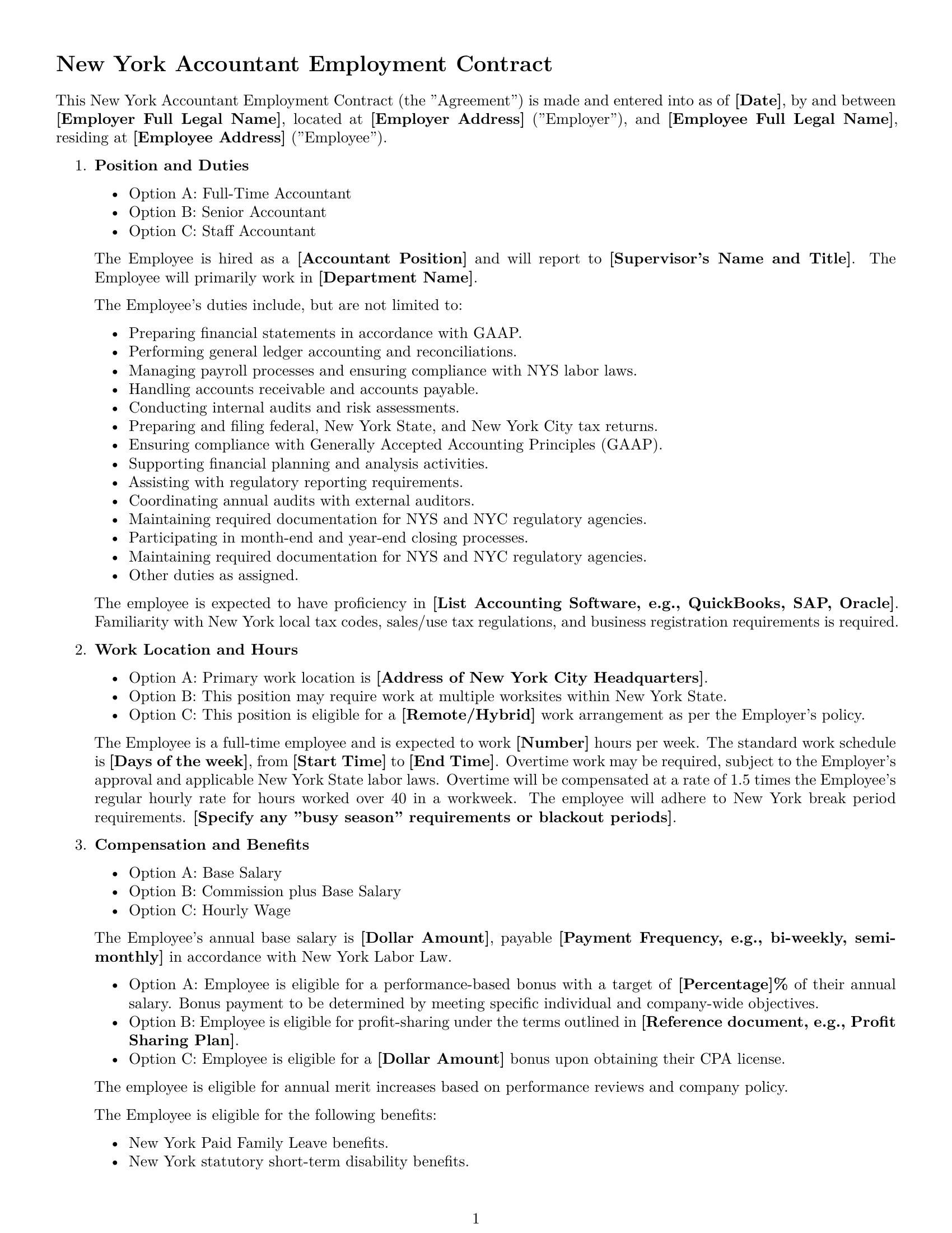 Preview page 1 of Free New York accountant employment contract template