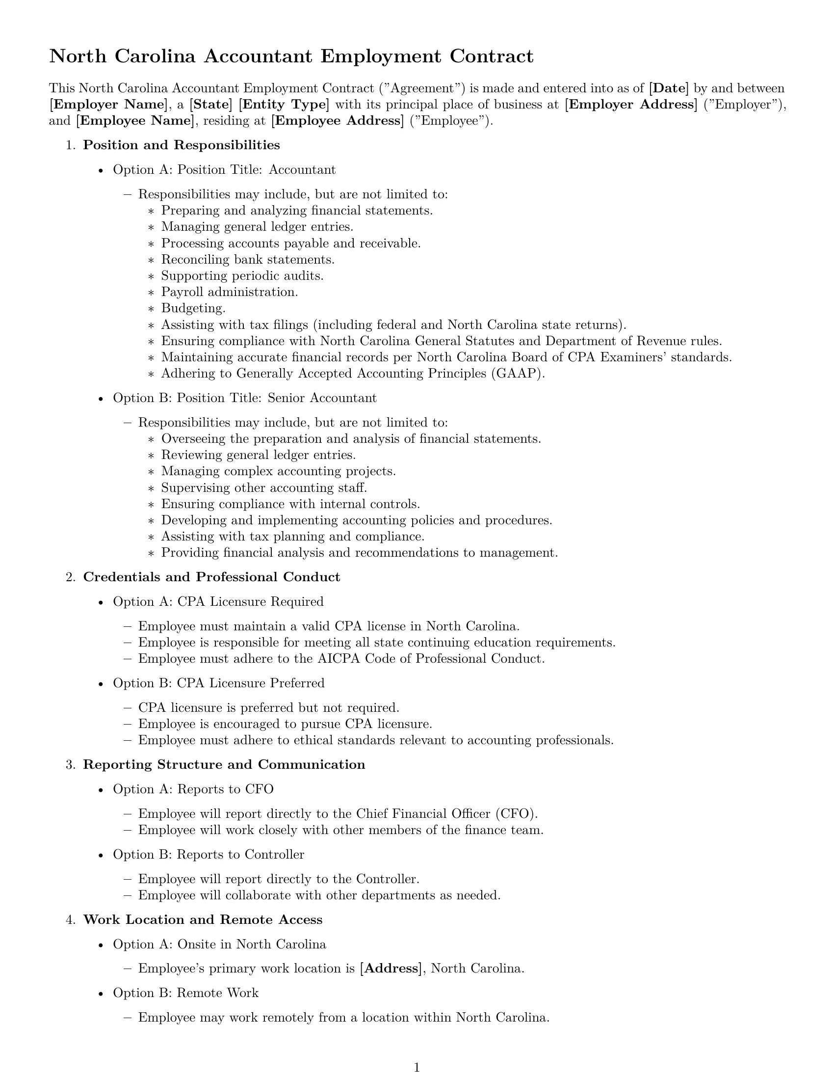 Preview page 1 of Free North Carolina accountant employment contract template