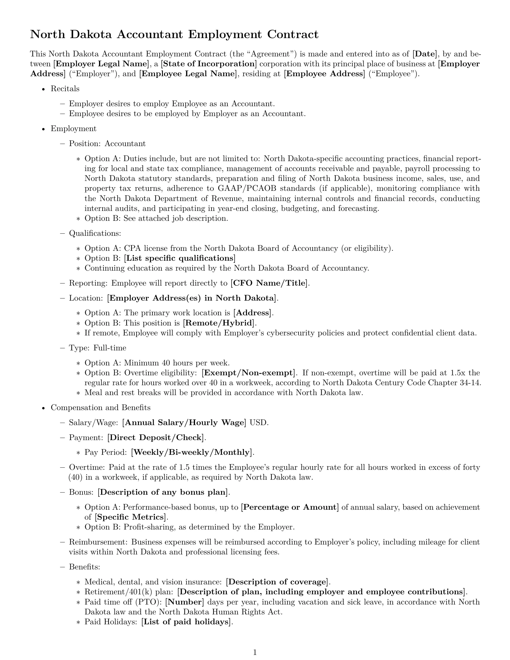Preview page 1 of Free North Dakota accountant employment contract template