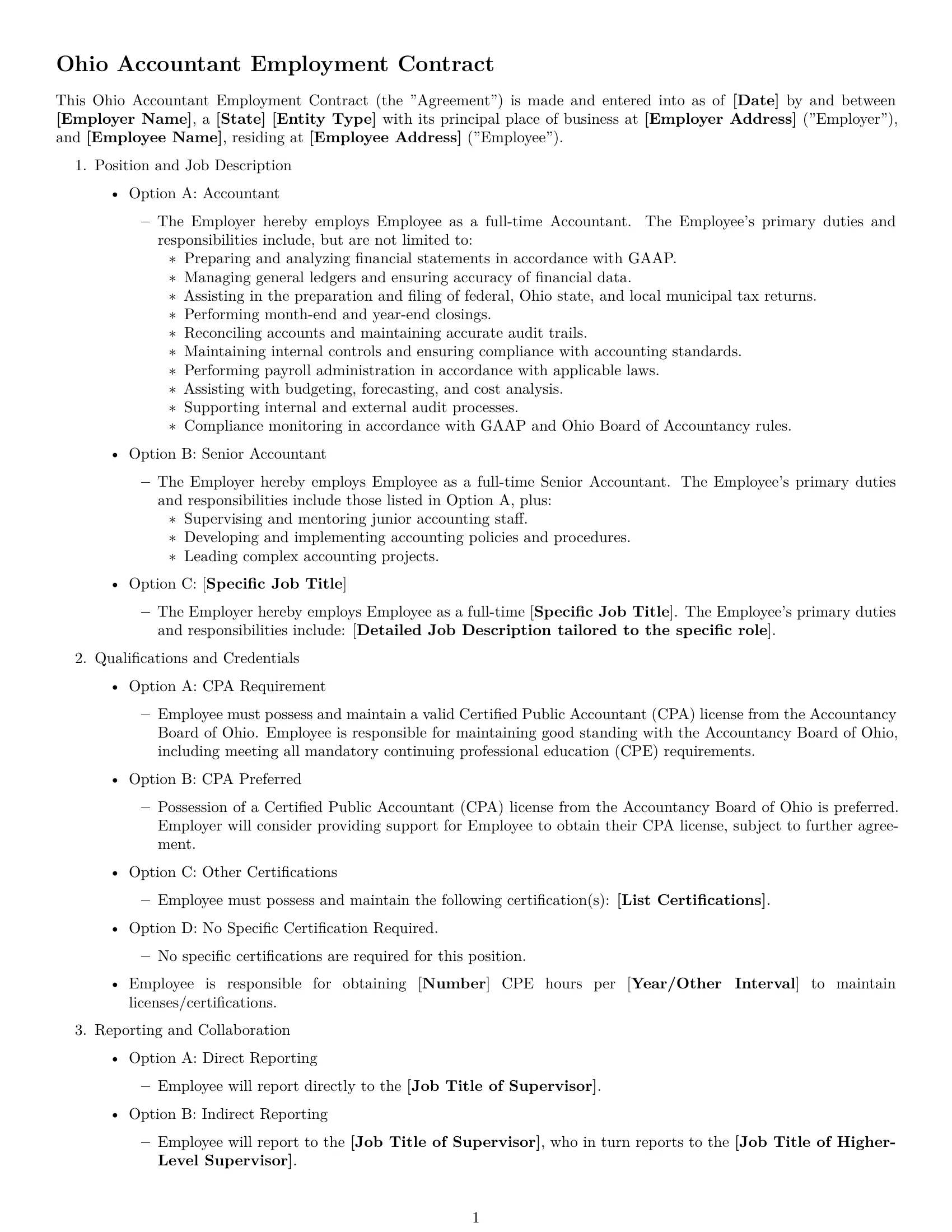 Preview page 1 of Free Ohio accountant employment contract template