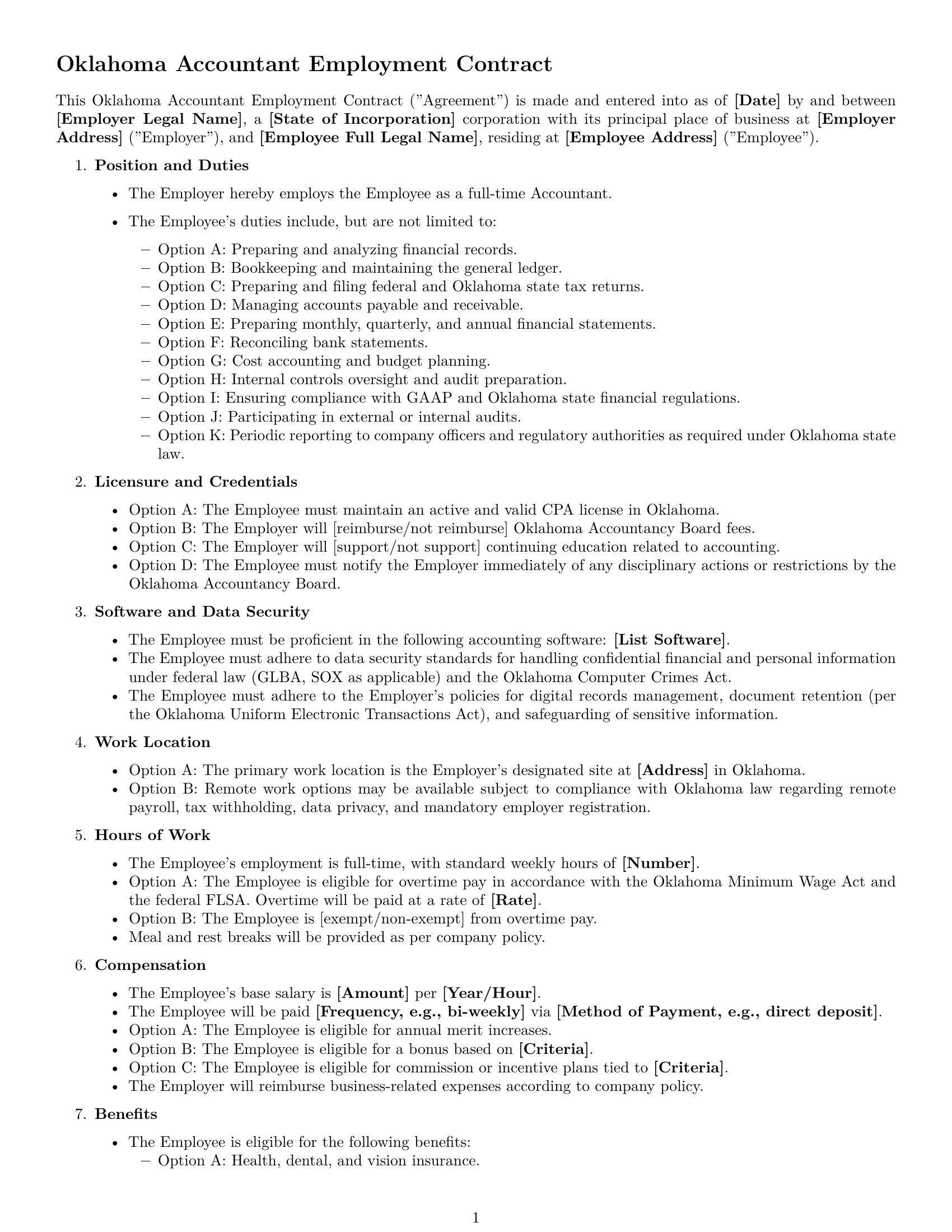 Preview page 1 of Free Oklahoma accountant employment contract template