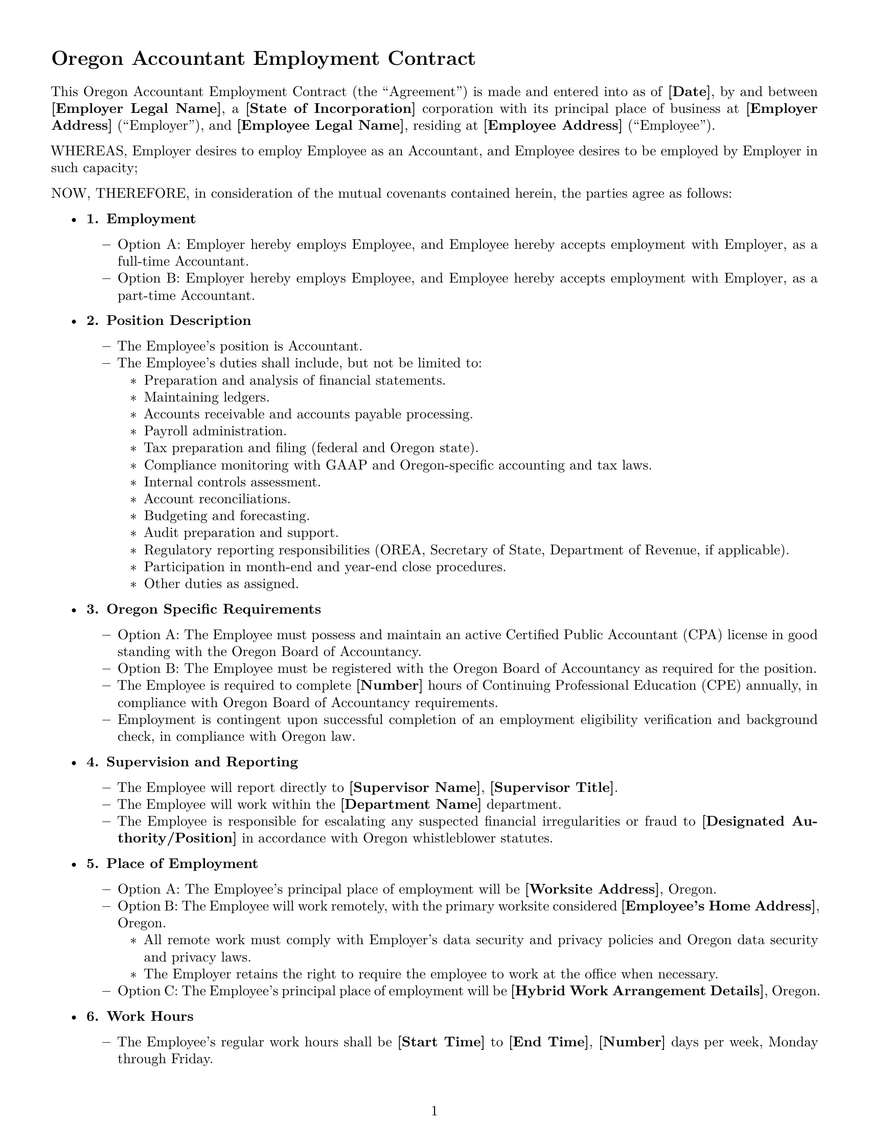 Preview page 1 of Free Oregon accountant employment contract template