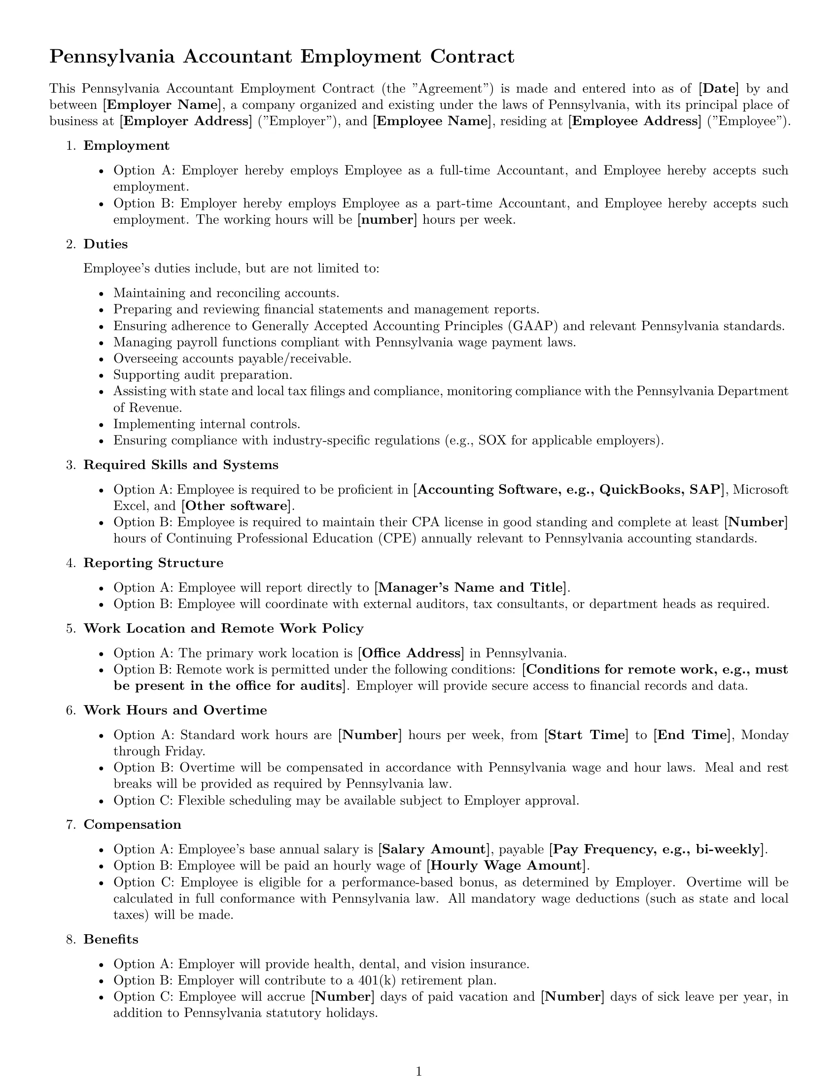Preview page 1 of Free Pennsylvania accountant employment contract template