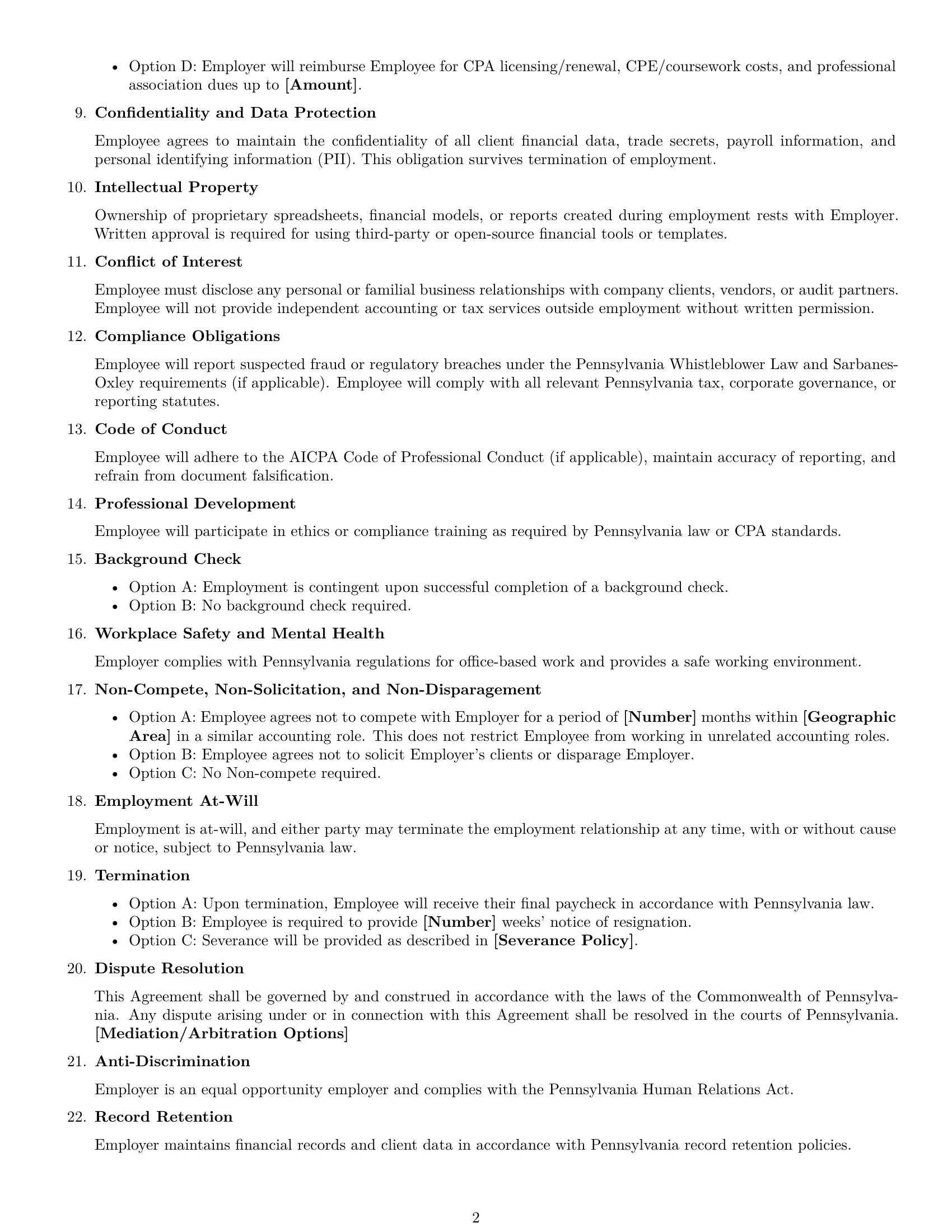 Preview page 2 of Free Pennsylvania accountant employment contract template