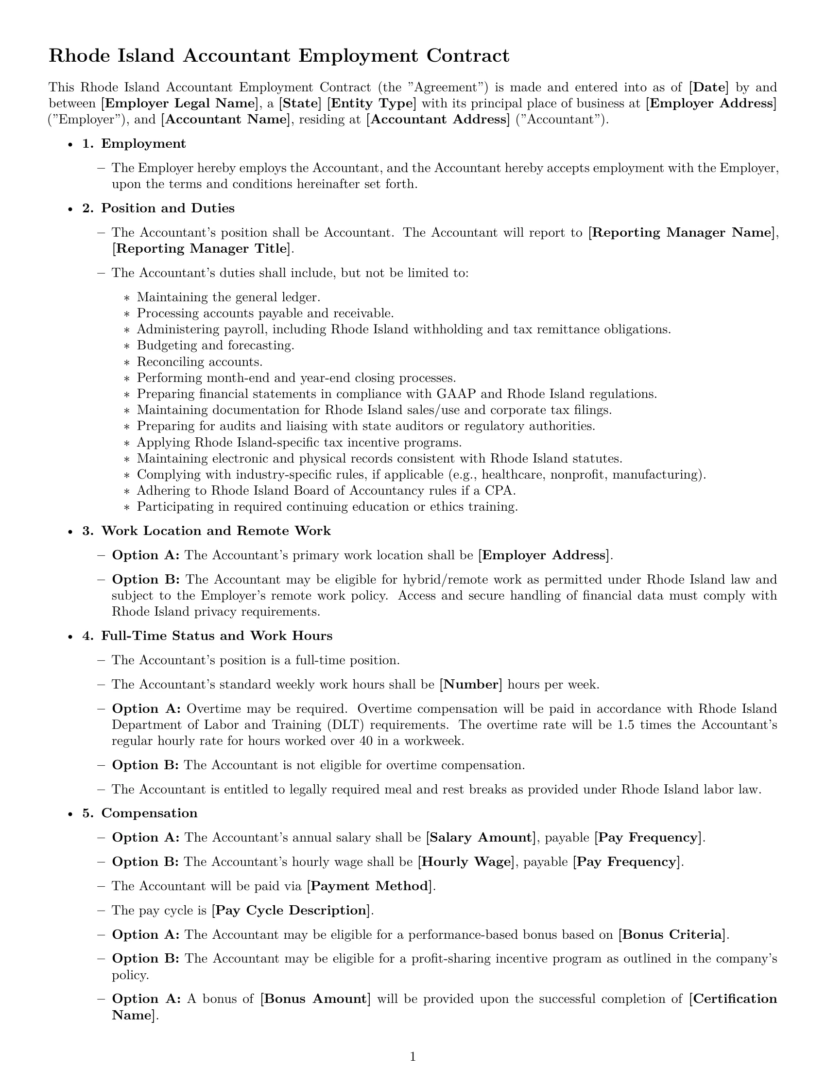 Preview page 1 of Free Rhode Island accountant employment contract template