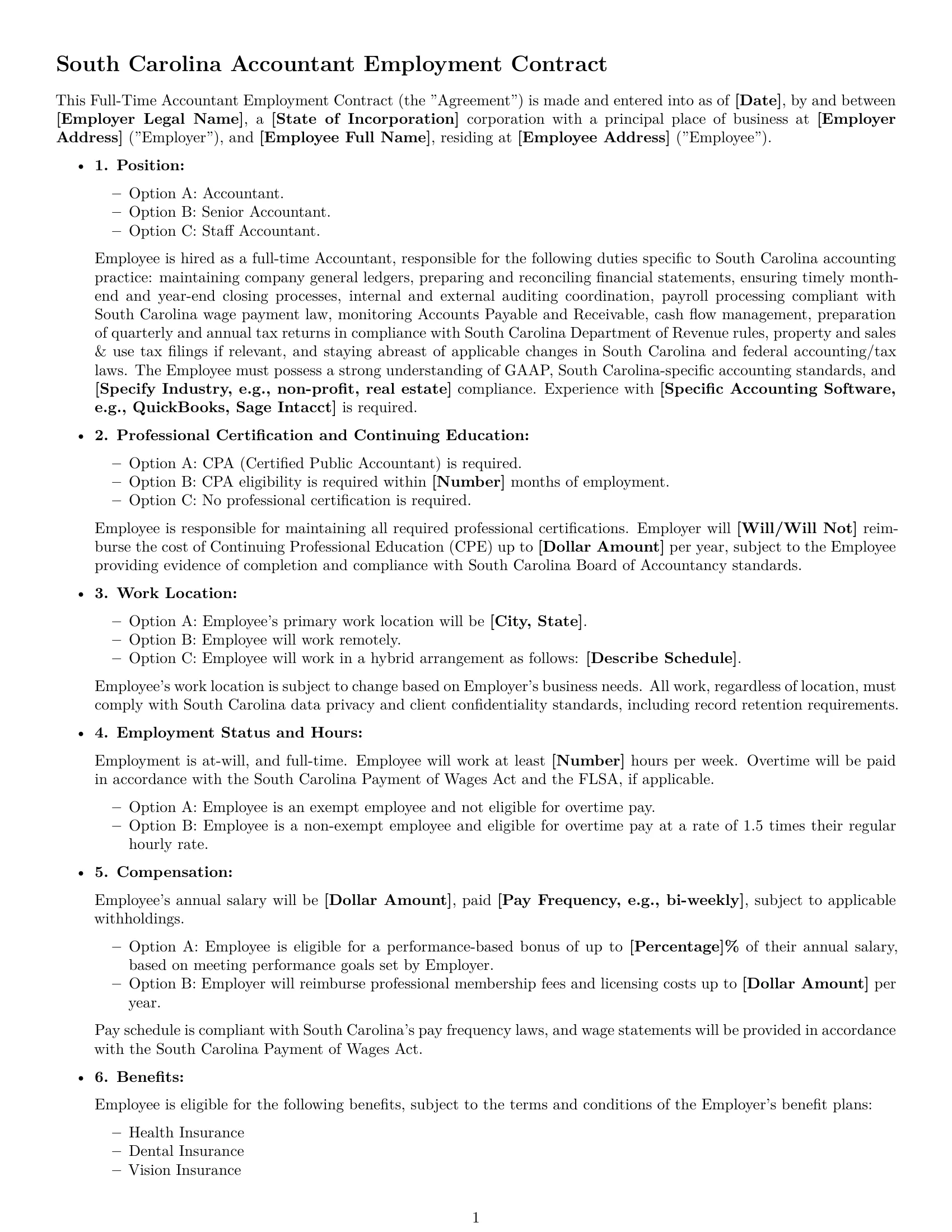 Preview page 1 of Free South Carolina accountant employment contract template