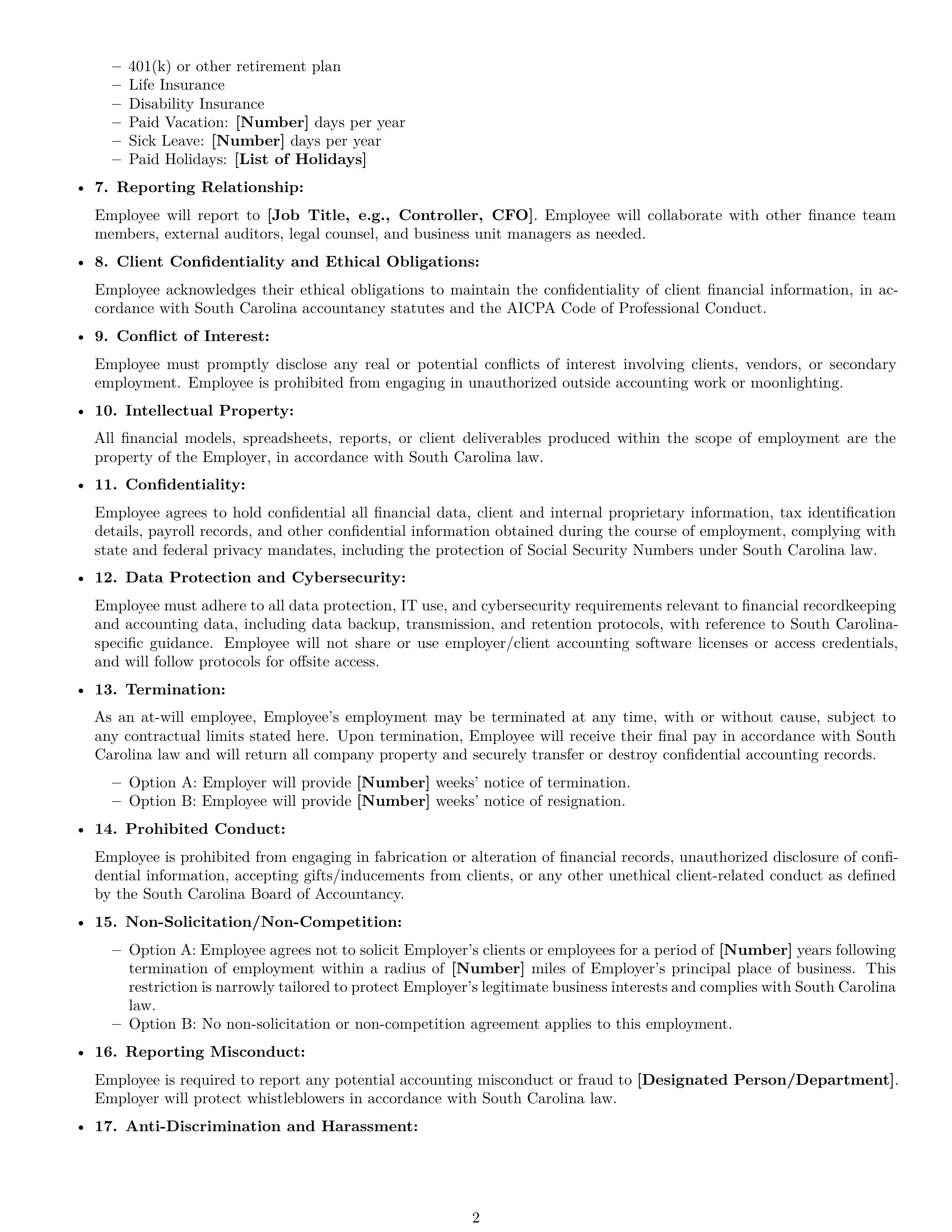 Preview page 2 of Free South Carolina accountant employment contract template