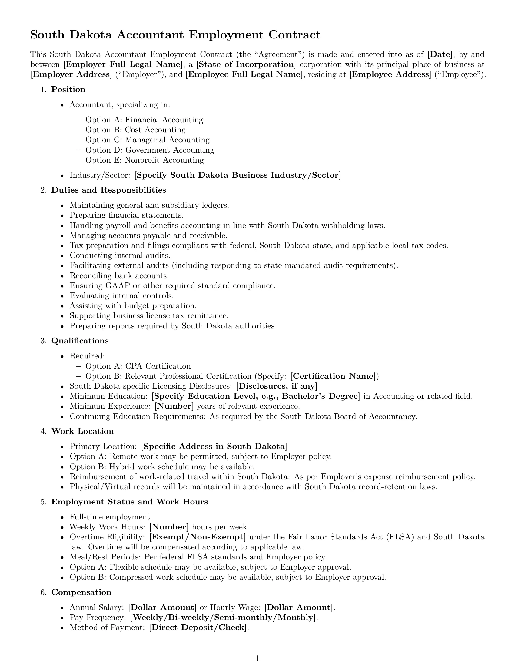 Preview page 1 of Free South Dakota accountant employment contract template