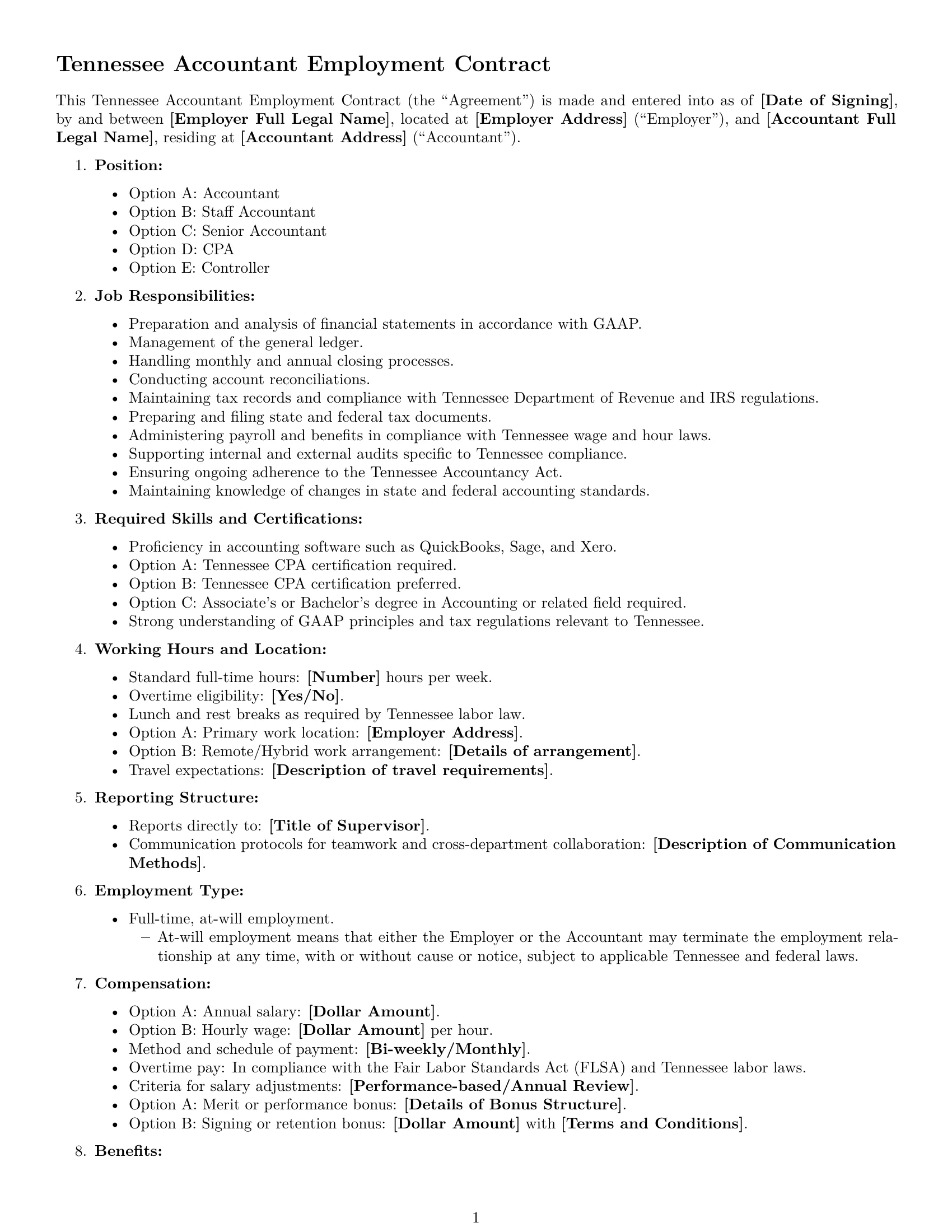 Preview page 1 of Free Tennessee accountant employment contract template