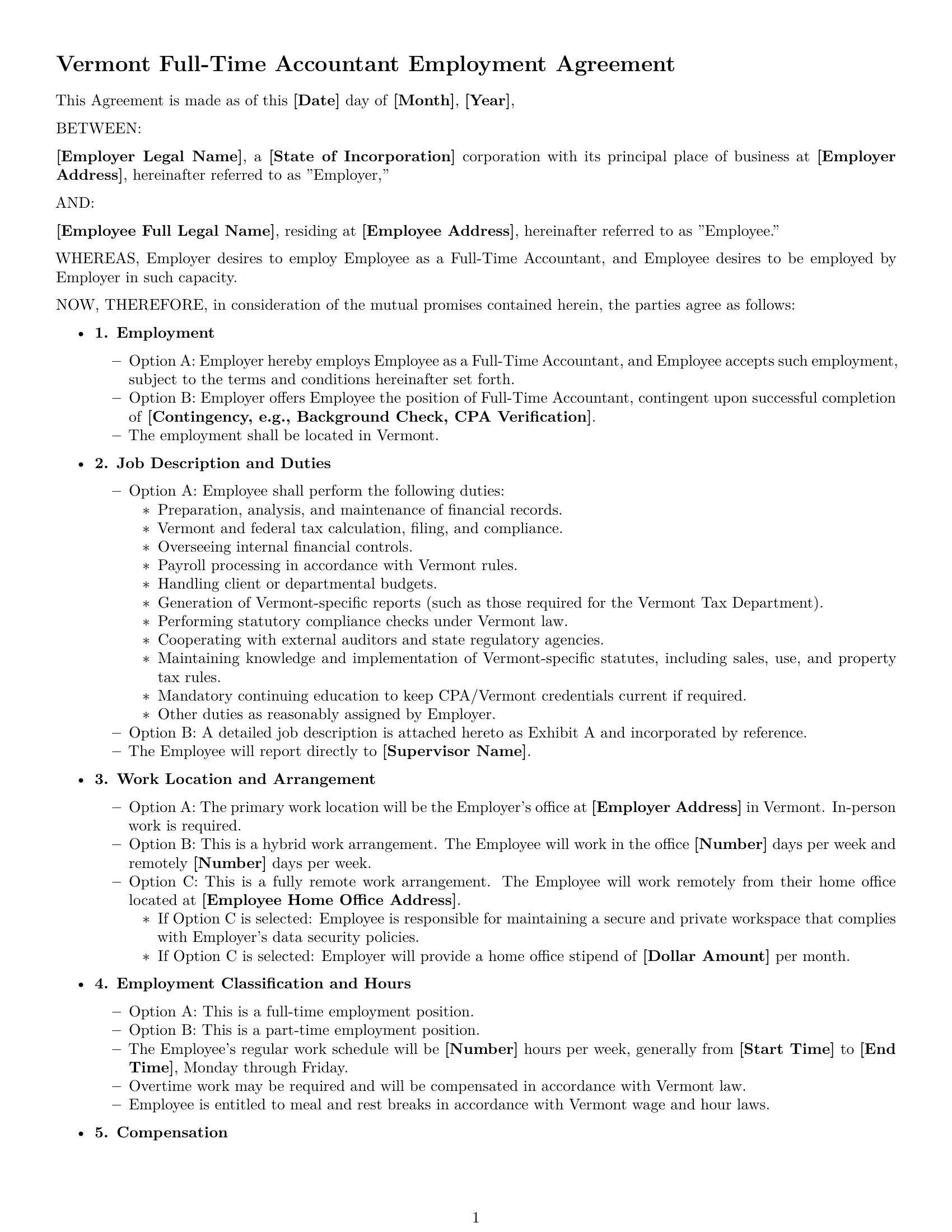 Preview page 1 of Free Vermont accountant employment contract template