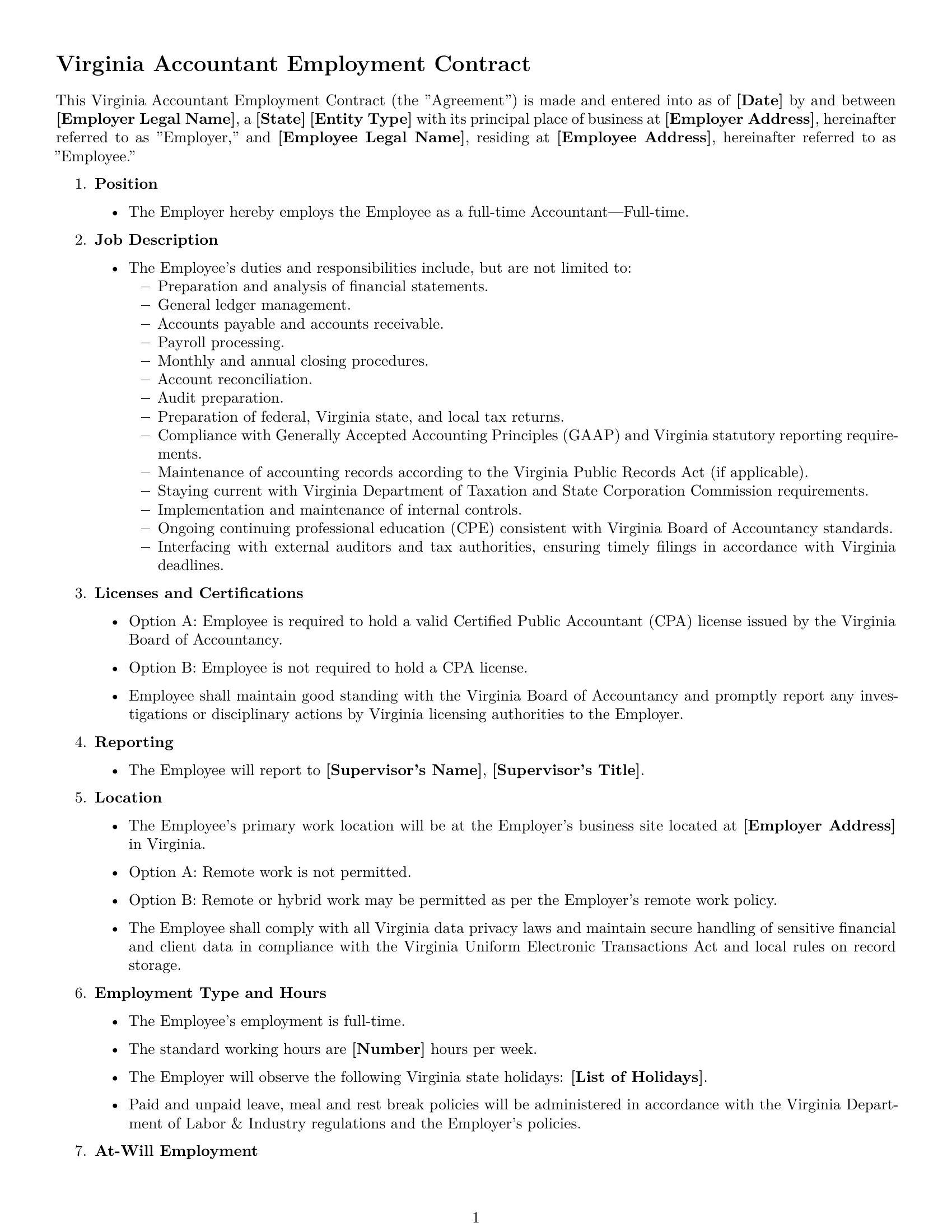 Preview page 1 of Free Virginia accountant employment contract template