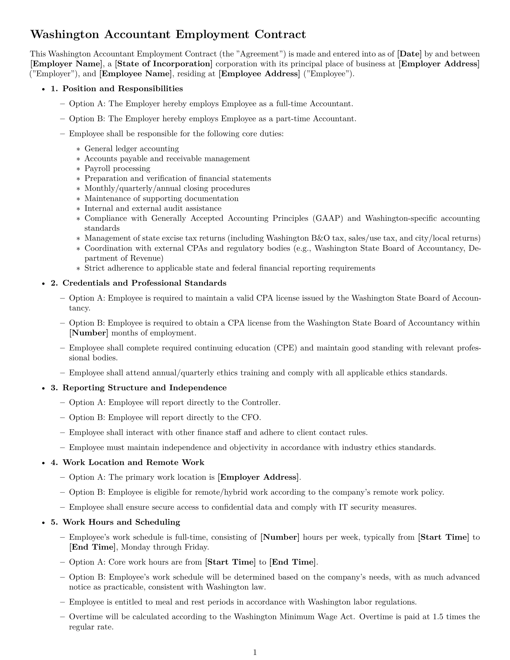 Preview page 1 of Free Washington accountant employment contract template