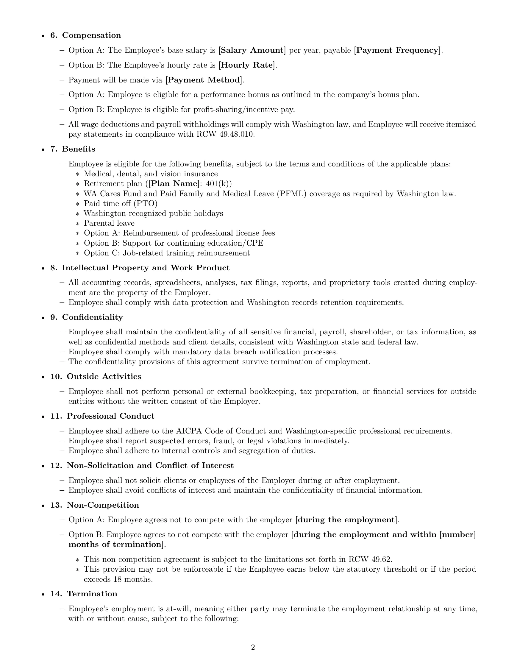 Preview page 2 of Free Washington accountant employment contract template