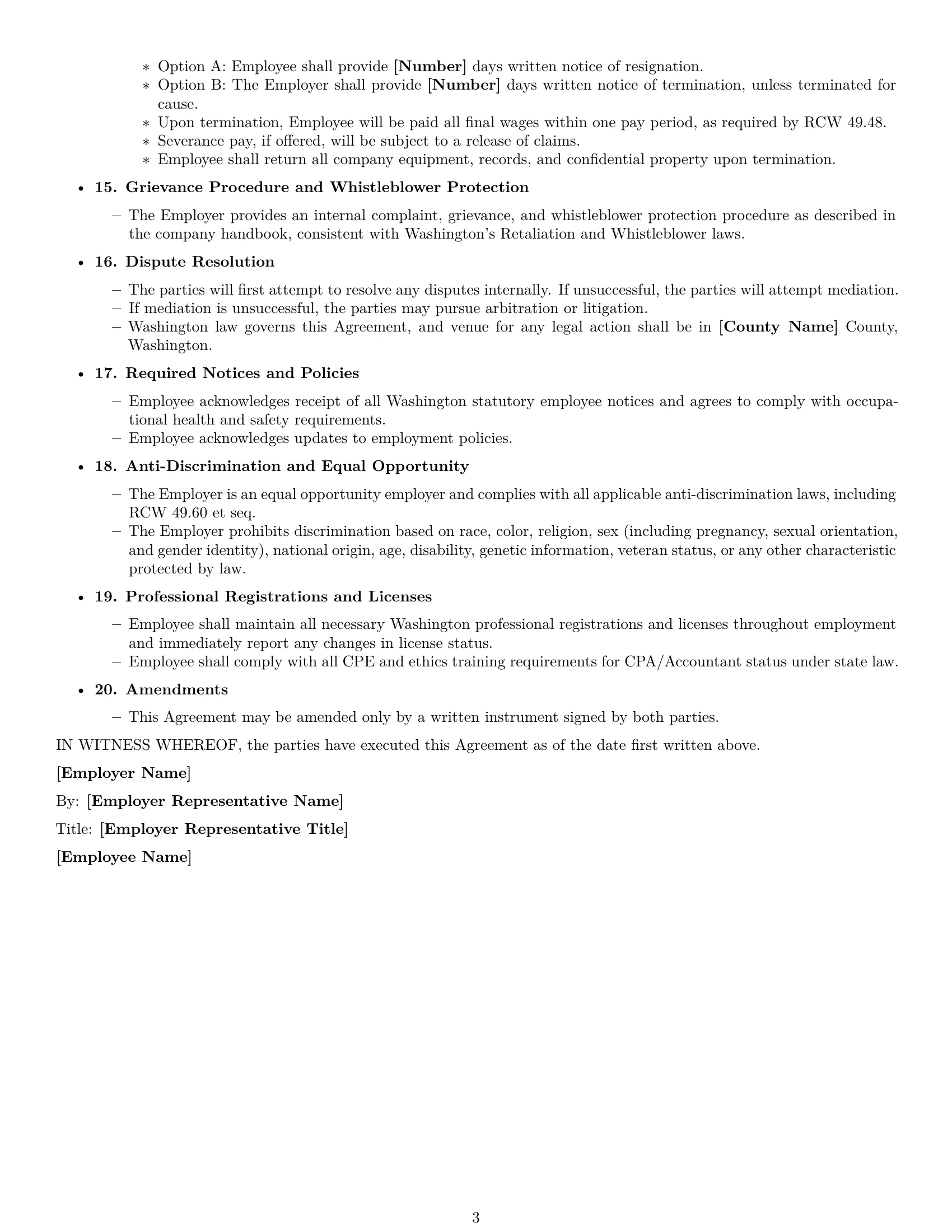 Preview page 3 of Free Washington accountant employment contract template