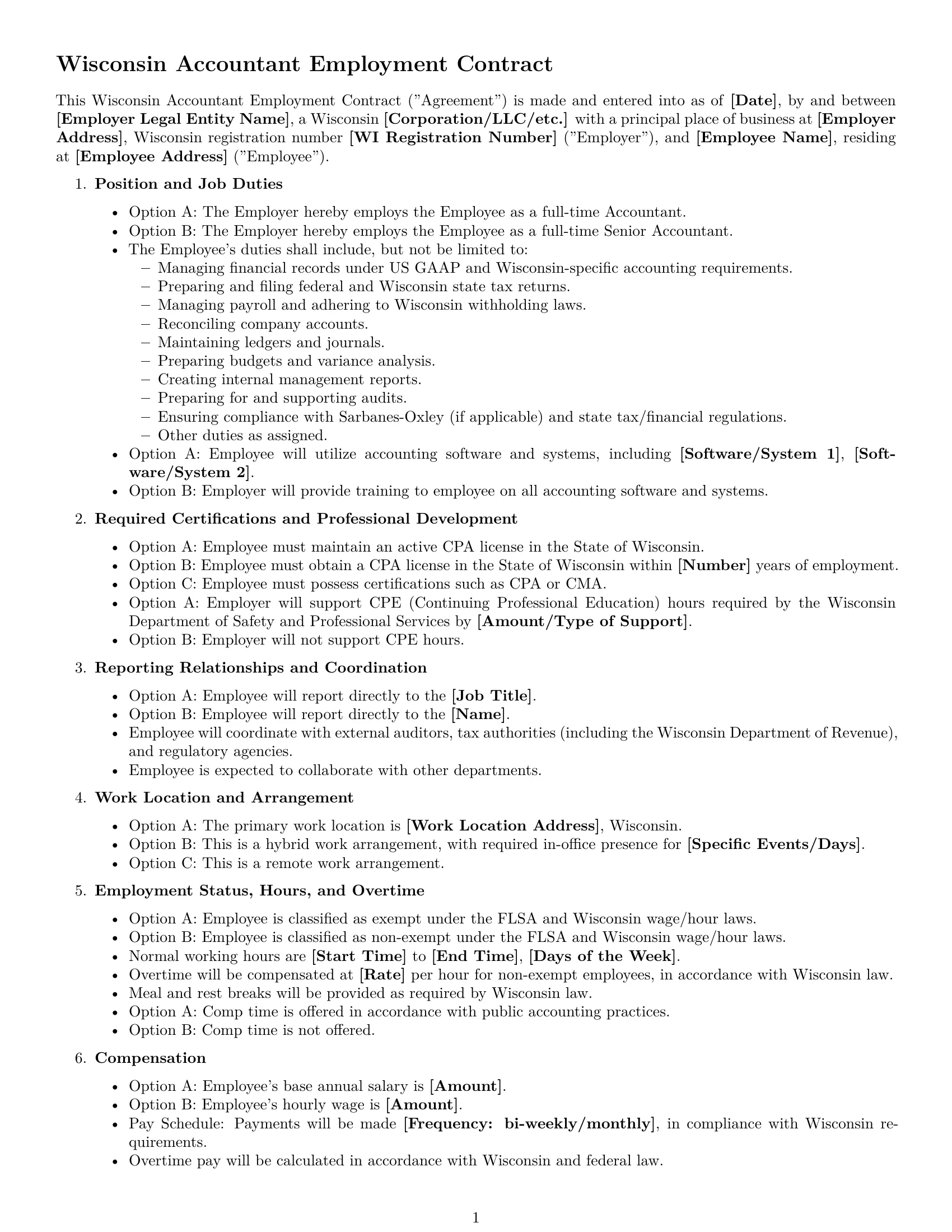 Preview page 1 of Free Wisconsin accountant employment contract template