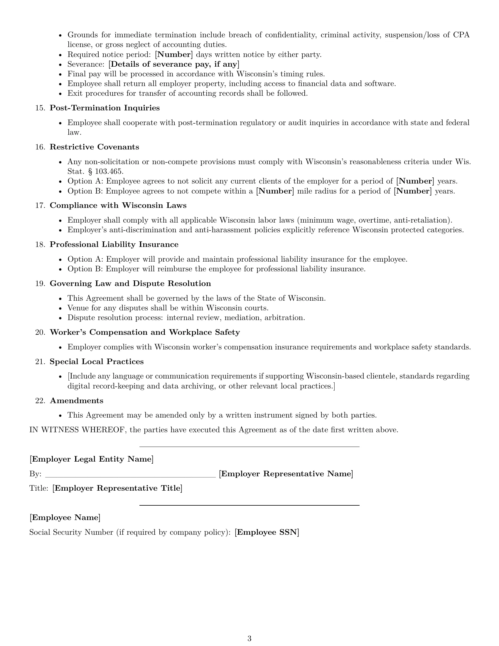 Preview page 3 of Free Wisconsin accountant employment contract template