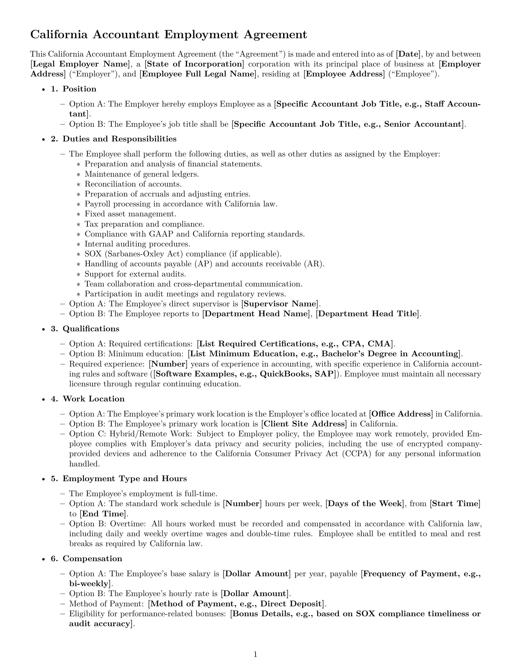 Preview page 1 of Free California accountant employment contract template