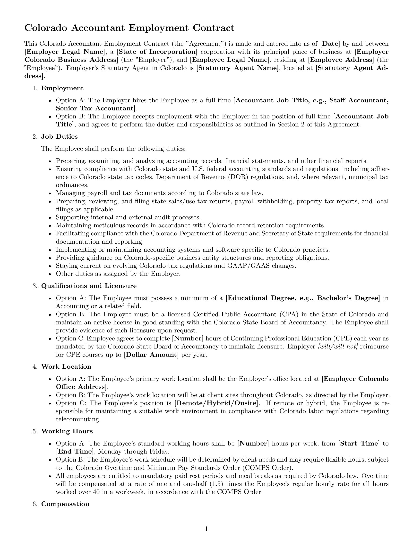 Preview page 1 of Free Colorado accountant employment contract template